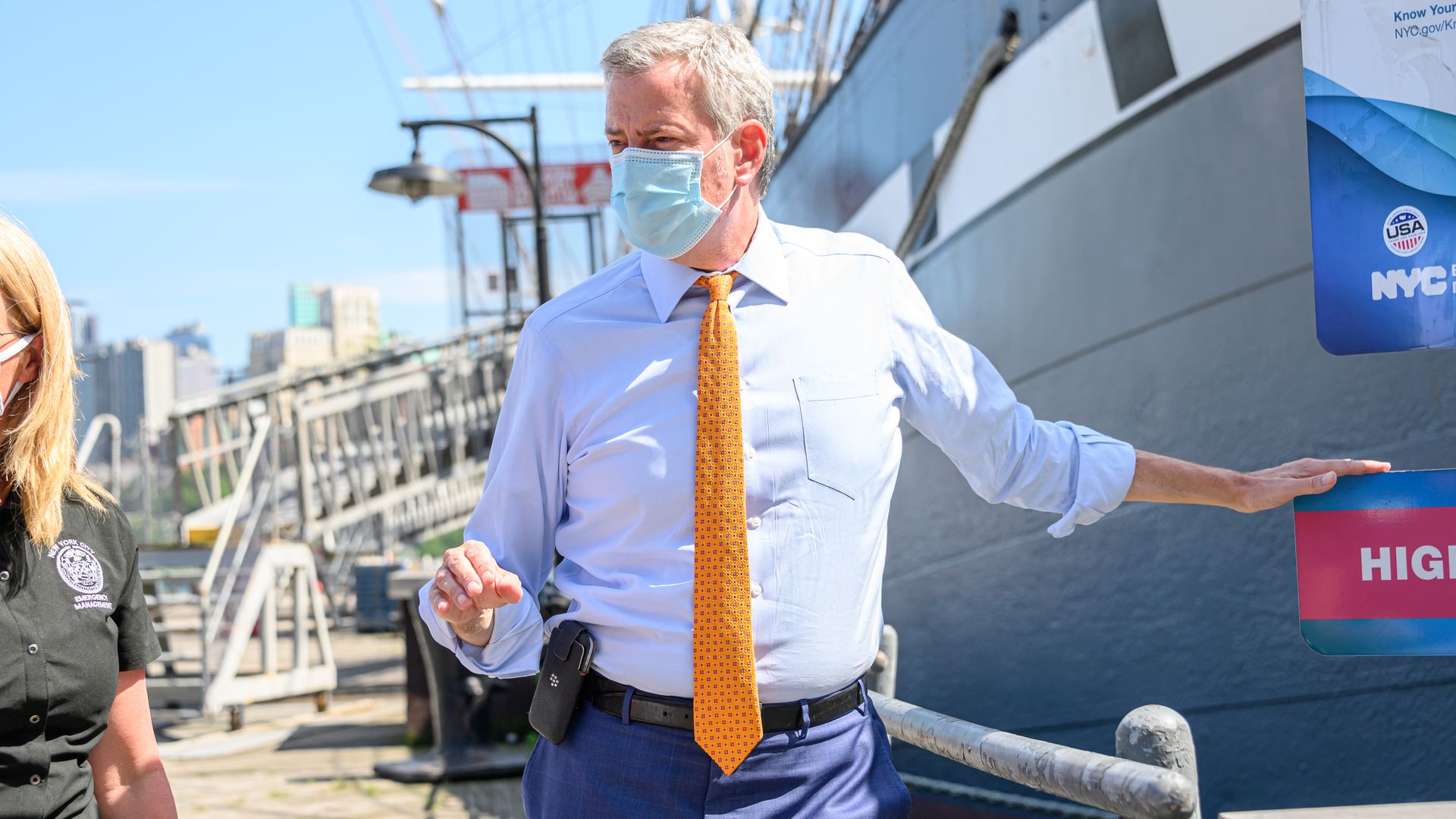 Mayor Bill DeBlasio wearing a face mask outside