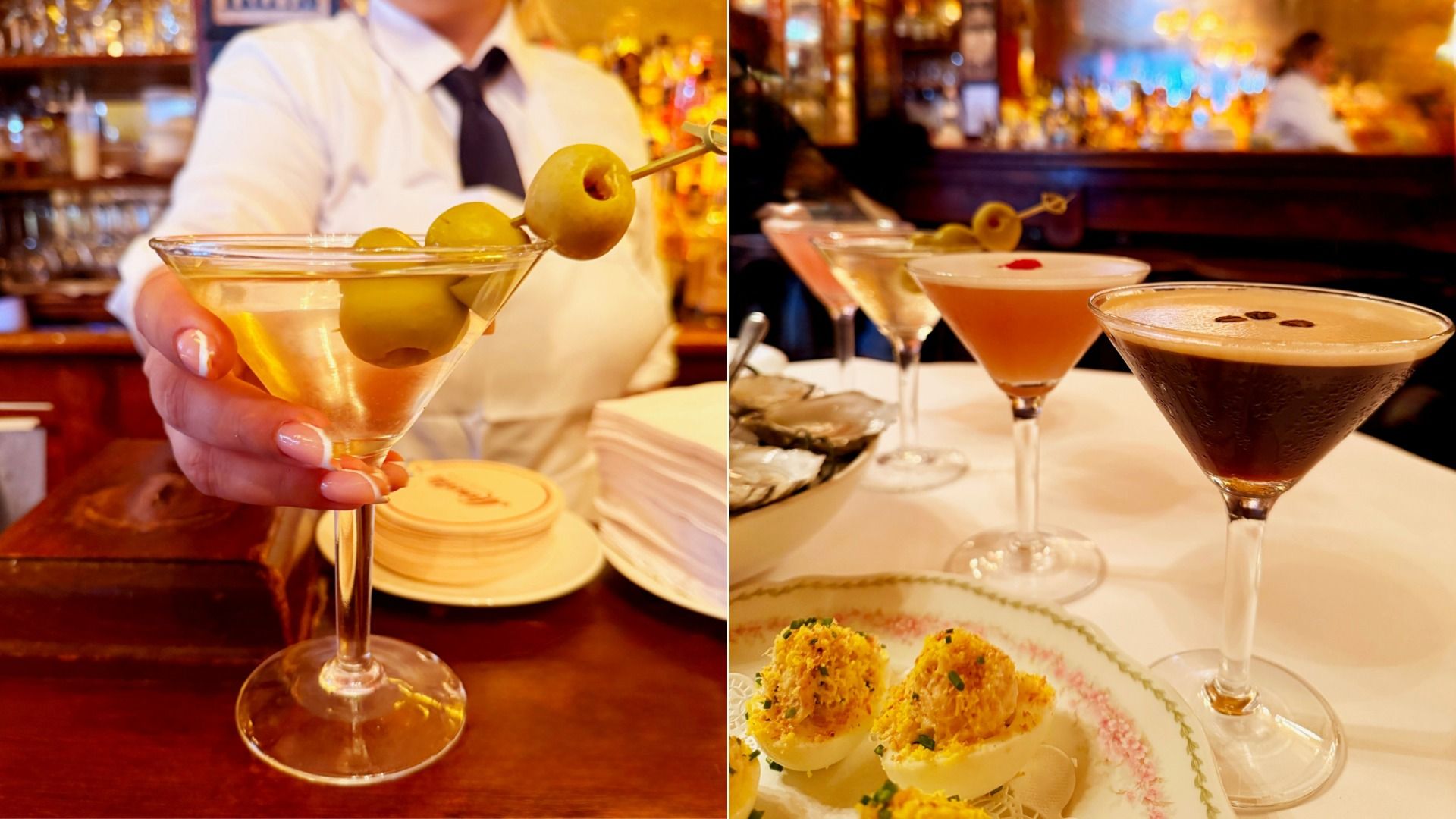 Split image: left panel shows a bartender in a white shirt with a black tie presenting a martini with olive skewers; right panel features several cocktails and a plate of deviled eggs on a bar-restaurant table.