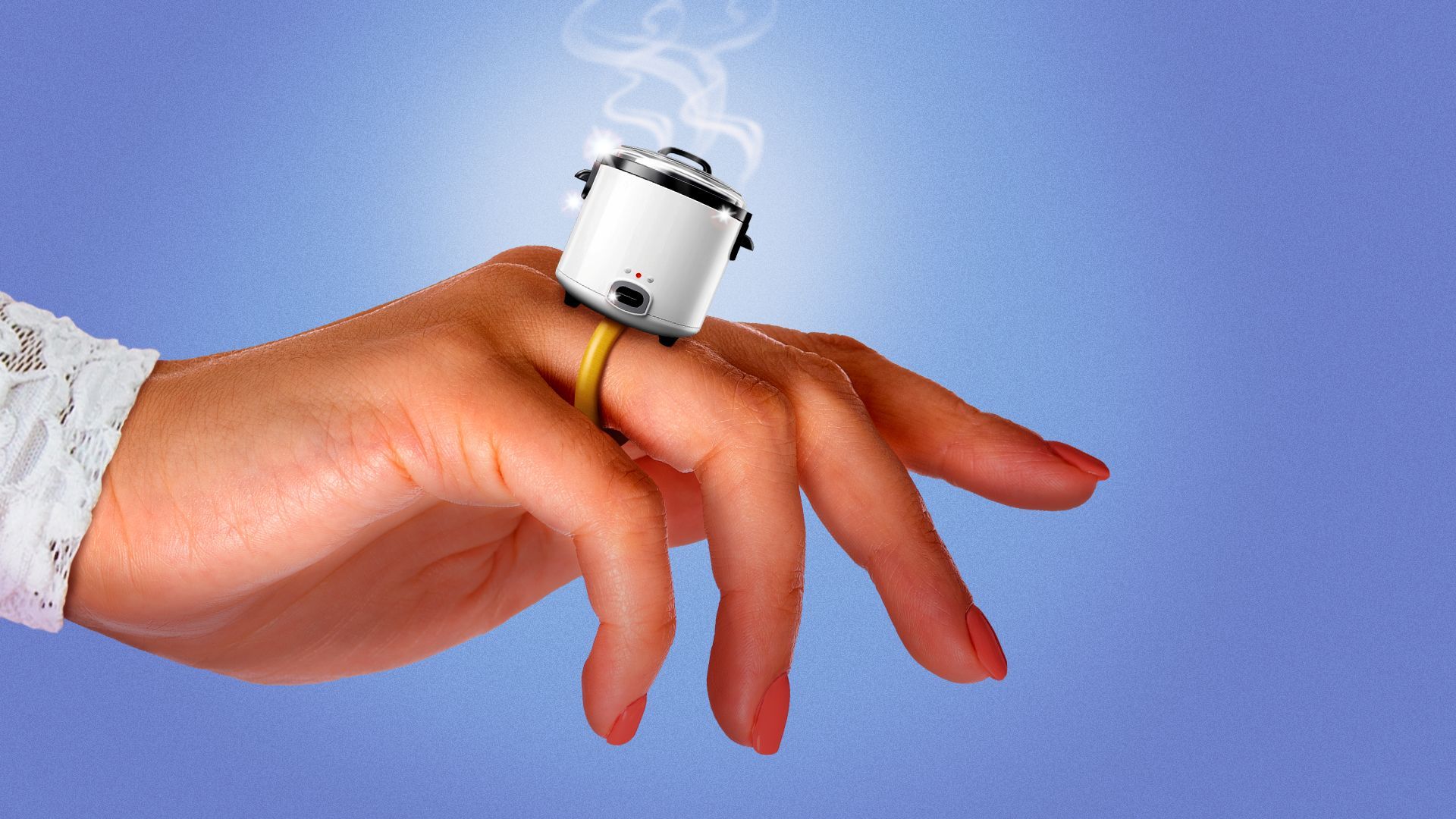 Illustration of a bride's hand featuring a wedding ring with a small rice cooker instead of a diamond