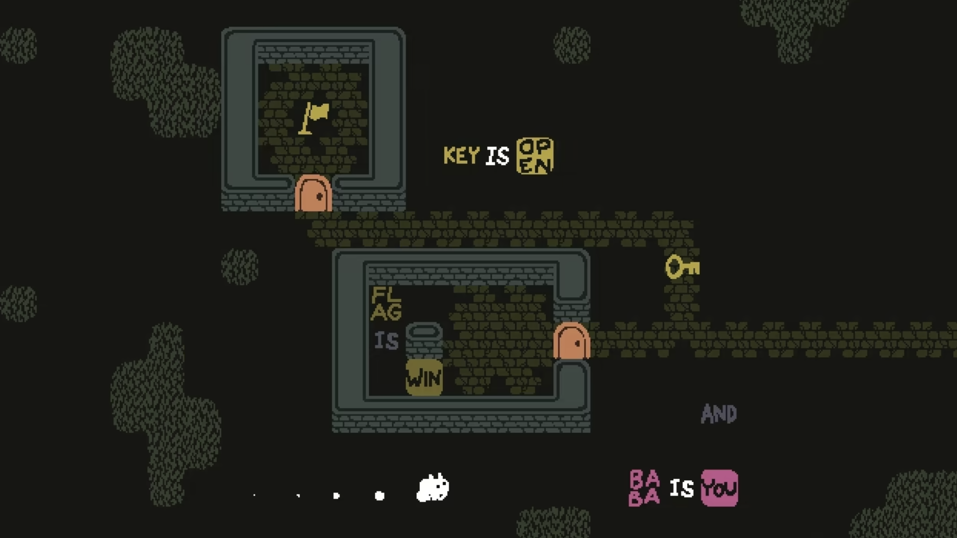Video game screenshot of a puzzle game in which a creature needs to get past some brick walls
