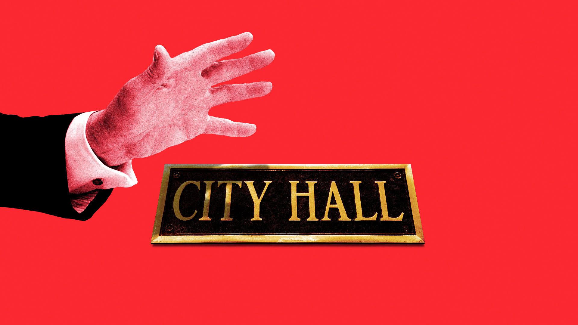 Illustration of Donald Trump’s hand reaching to grab a City Hall name plaque