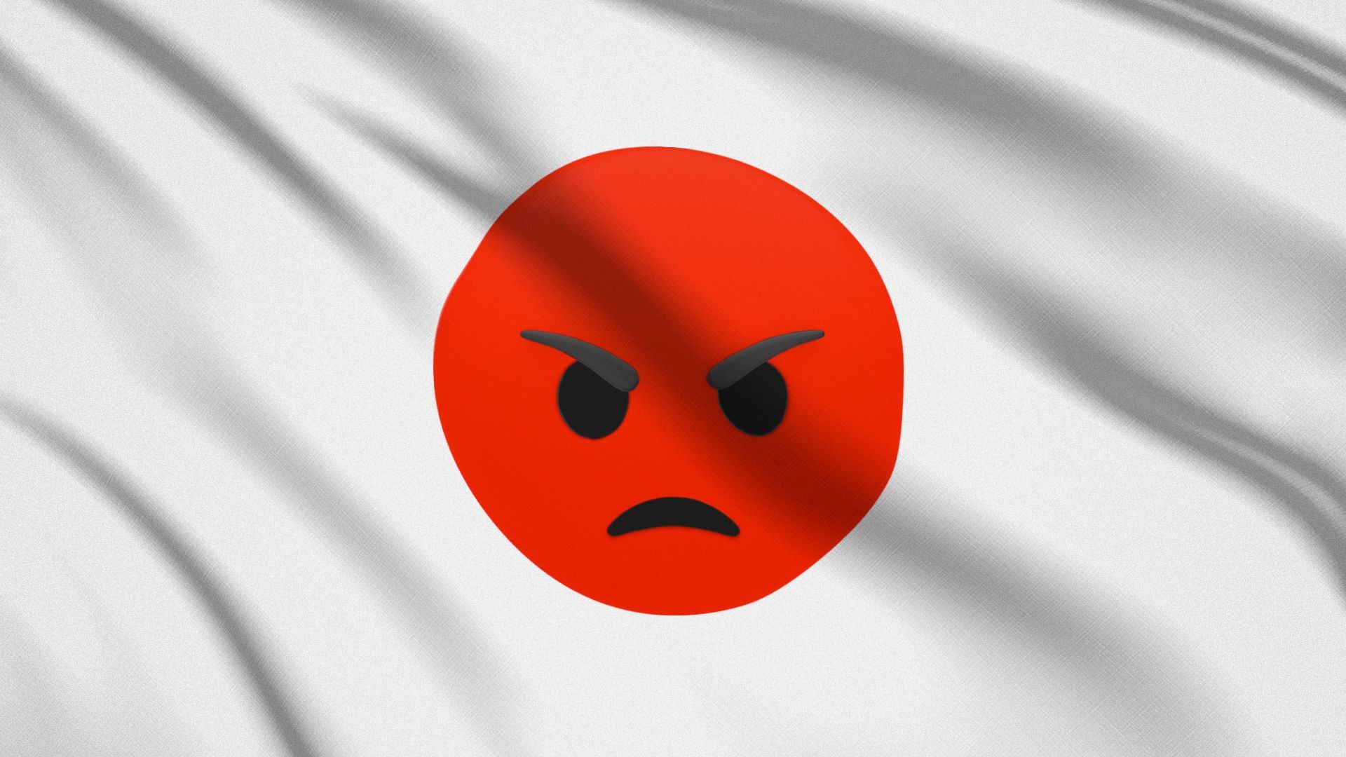 Illustration of a Japanese flag with a red angry emoji face as the center sun. 