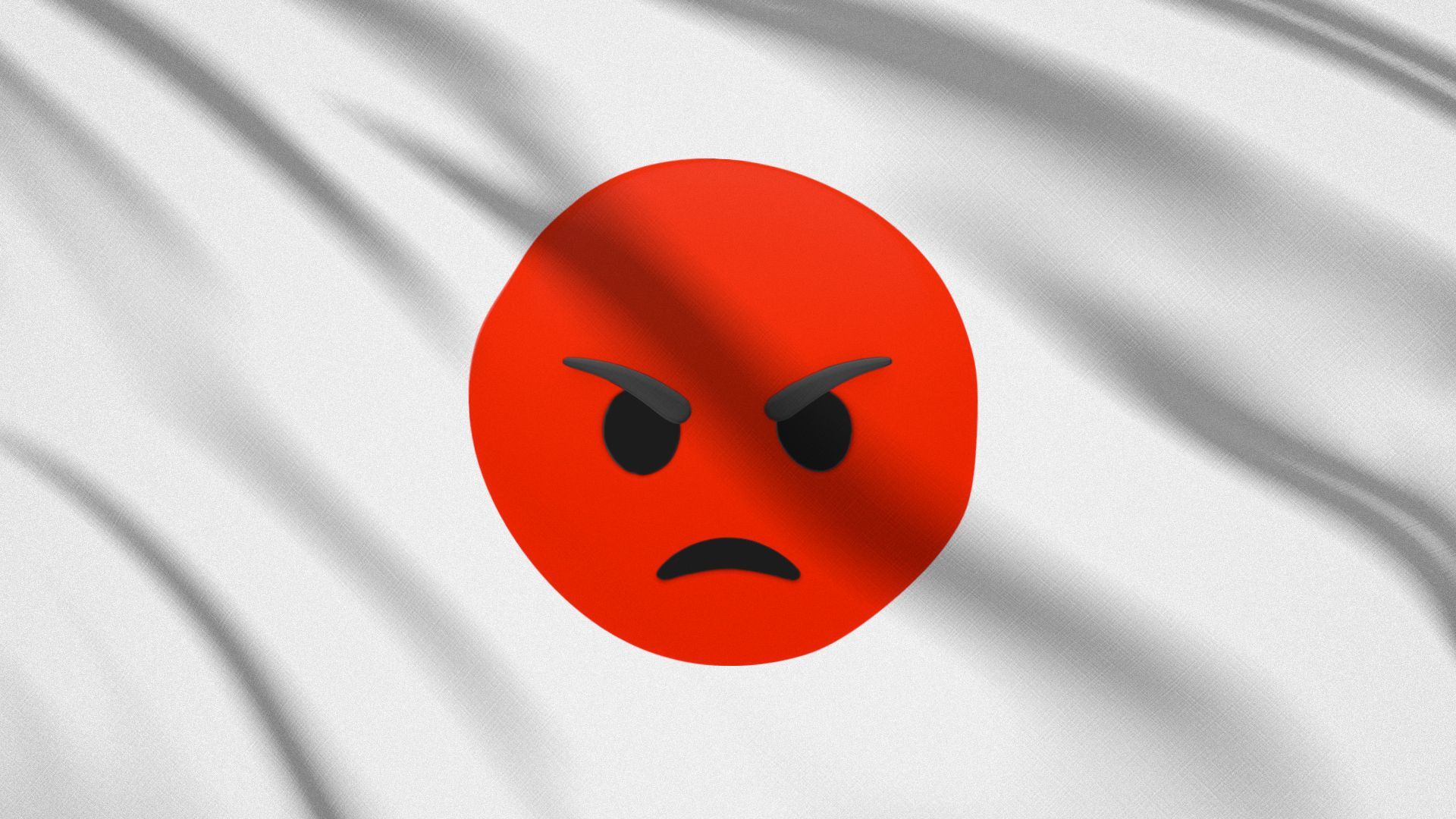Illustration of a Japanese flag with a red angry emoji face as the center sun.