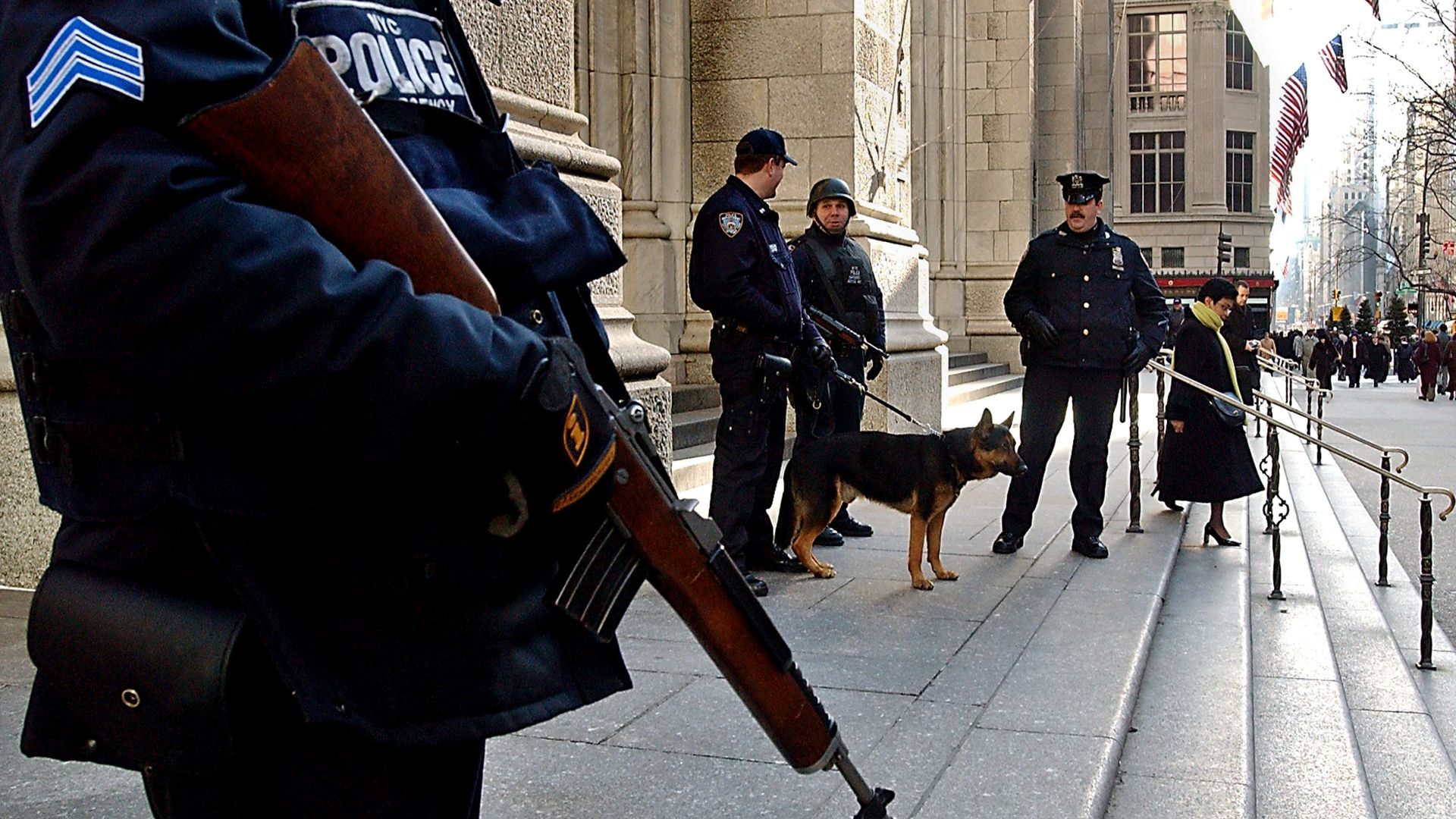 New York police officers stand guard in front of St. Patricks Cathedral February 12, 2003 in New York City. 