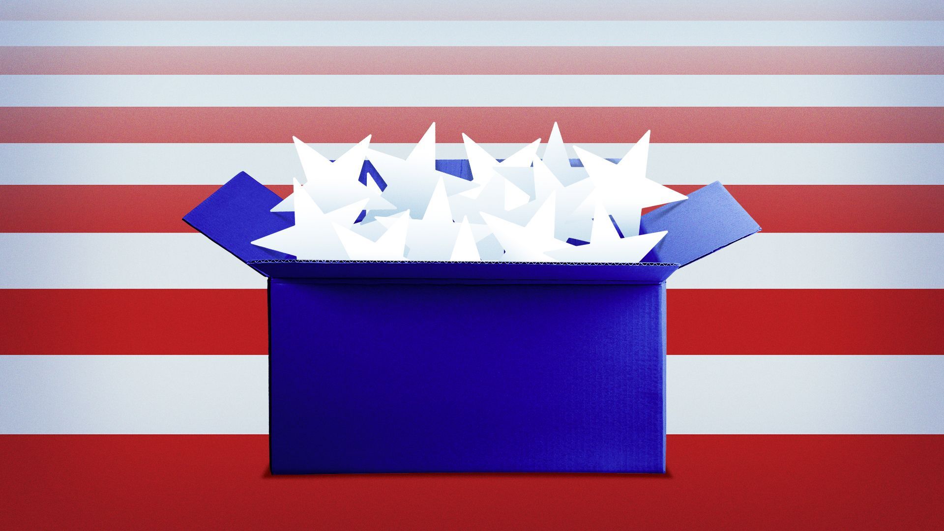 Illustration of a cardboard box full of stars, in the colors of the American flag.