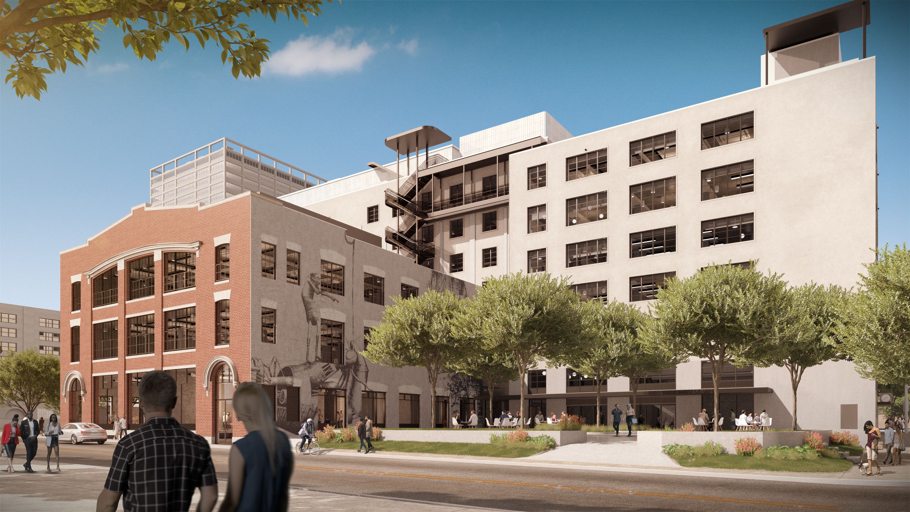An exterior renderings of a corner park at the new 222 Mitchell Street building