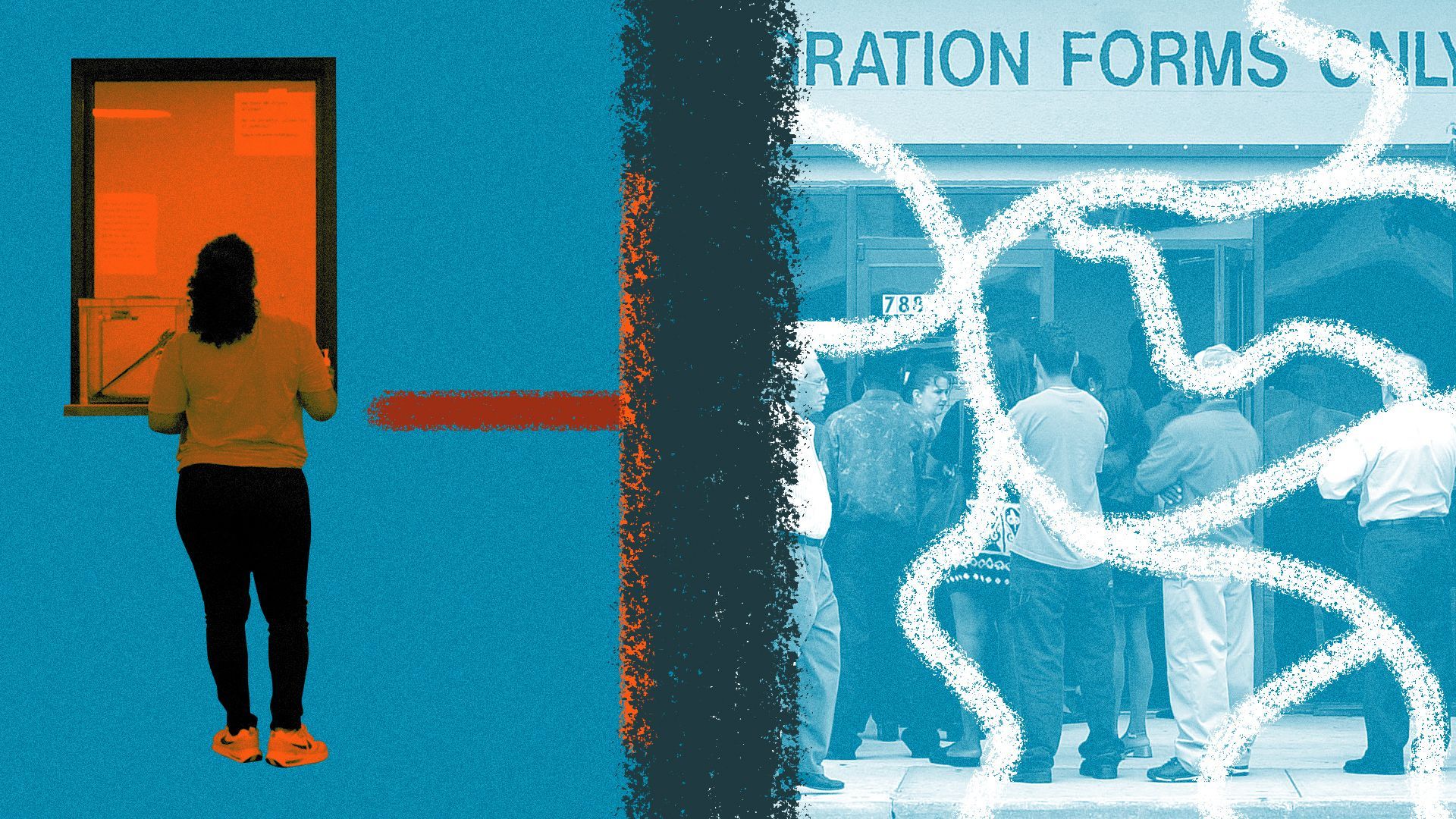 Photo illustration of a person waiting in line at the immigration office surrounded by abstract lines and an immigration office.