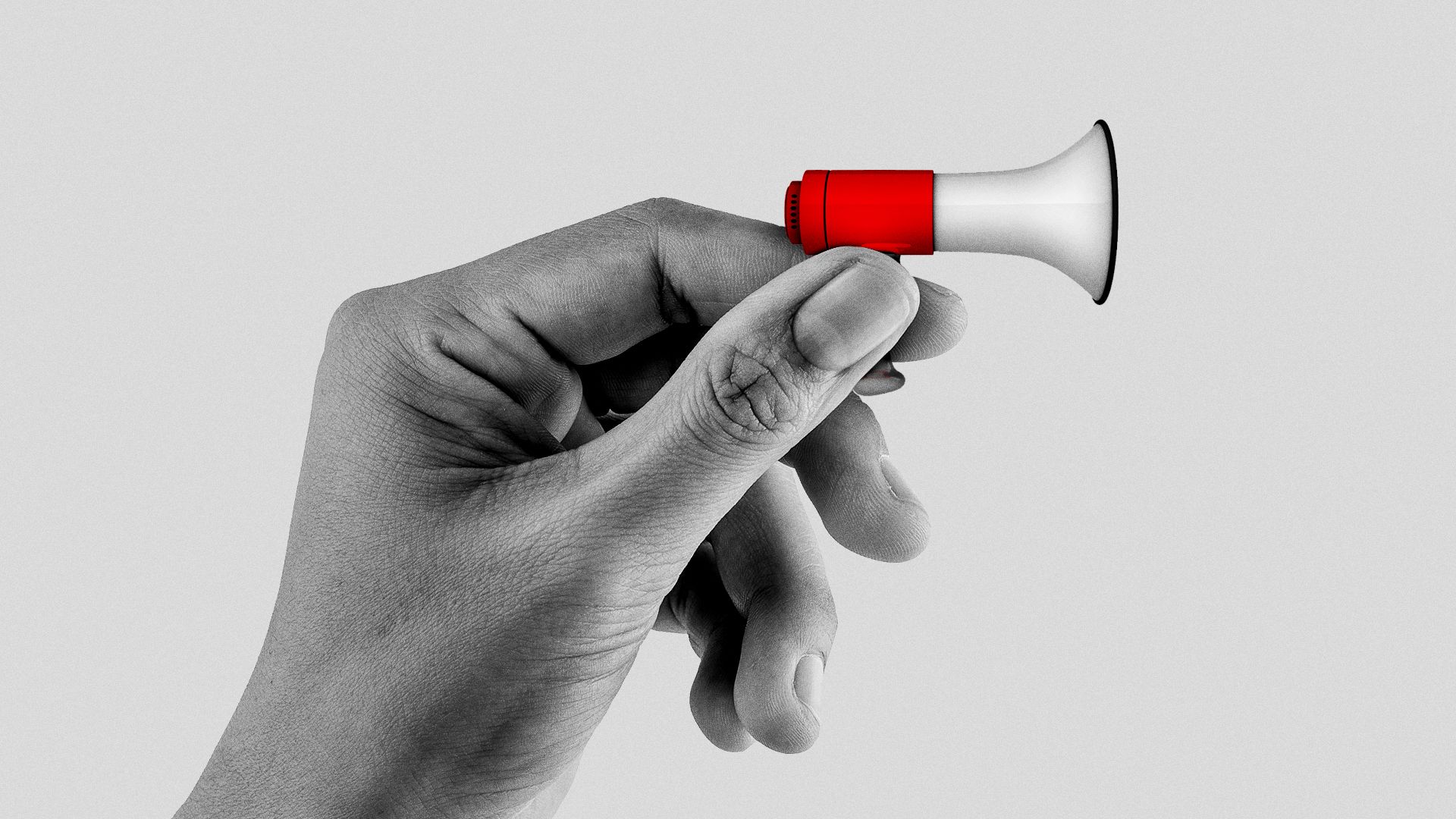 Illustration of a woman's hand holding a very small megaphone.