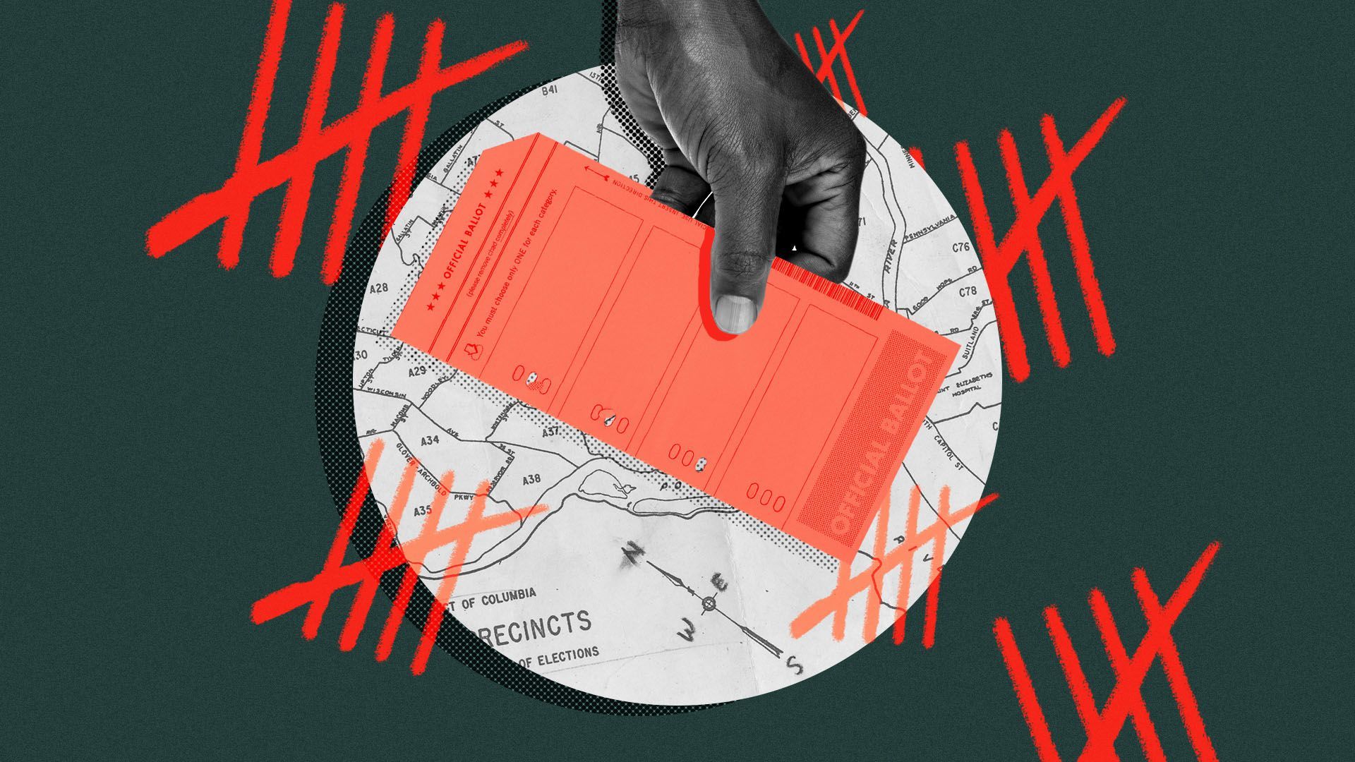 Photo illustration of a hand casting a ballot surrounding by tally marks and a map of the District of Columbia voting precincts in the background