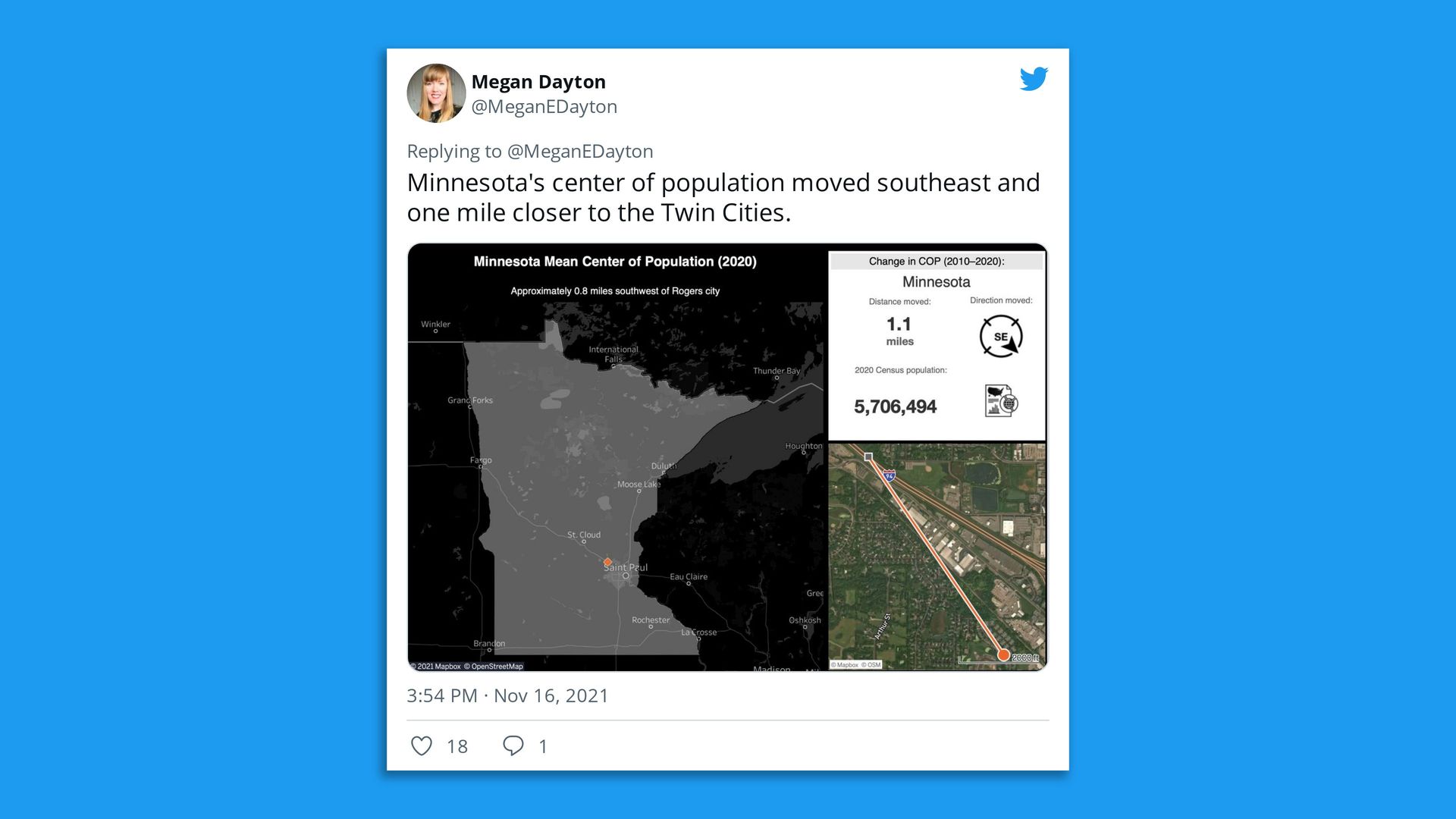 A tweet of a map showing a dot in Minnesota, where Rogers is