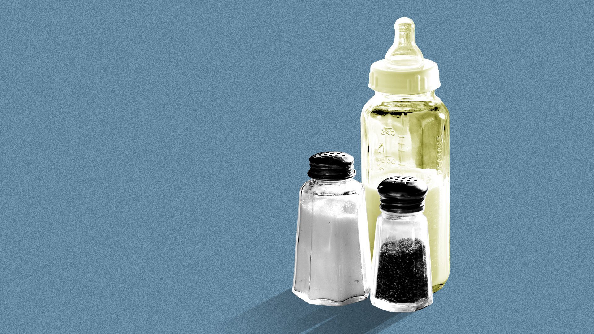 Illustration of a baby bottle behind a salt and pepper shaker.