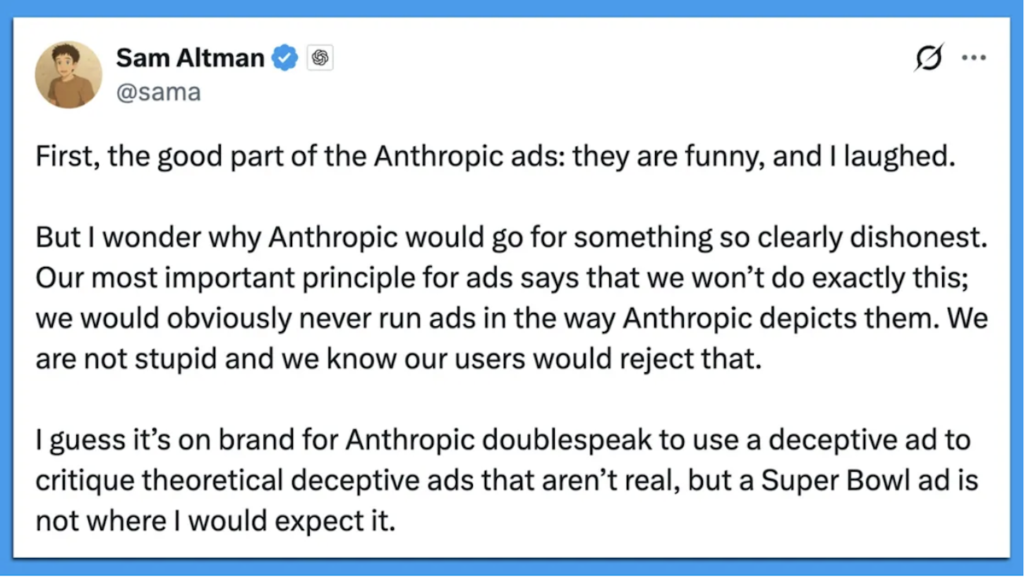 X post from Sam Altman in response to Anthropic's super bowl ad