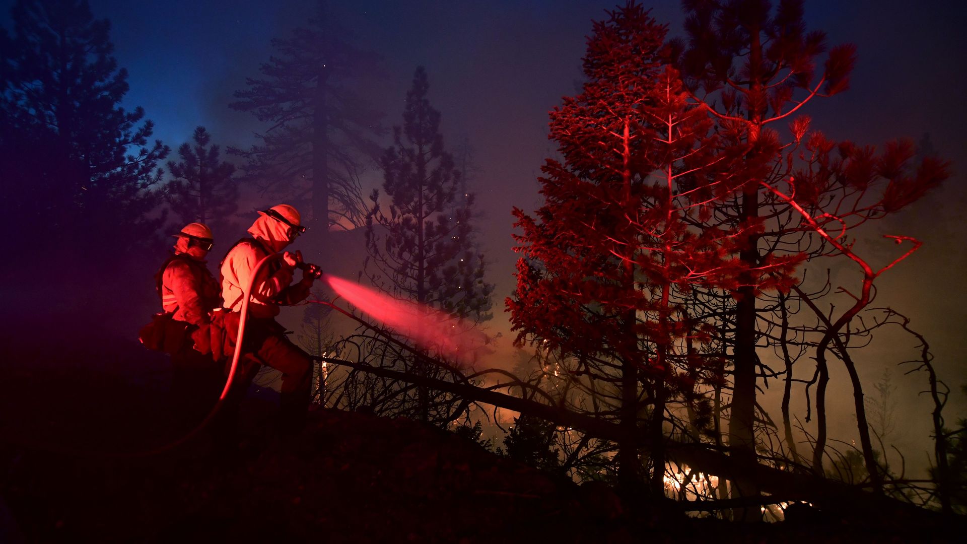  Lights from a firetruck illuminate firefighters working the Bobcat Fire burning near Cedar Springs in the Angeles National Forest on September 21, 2020 in Los Angeles, California. 