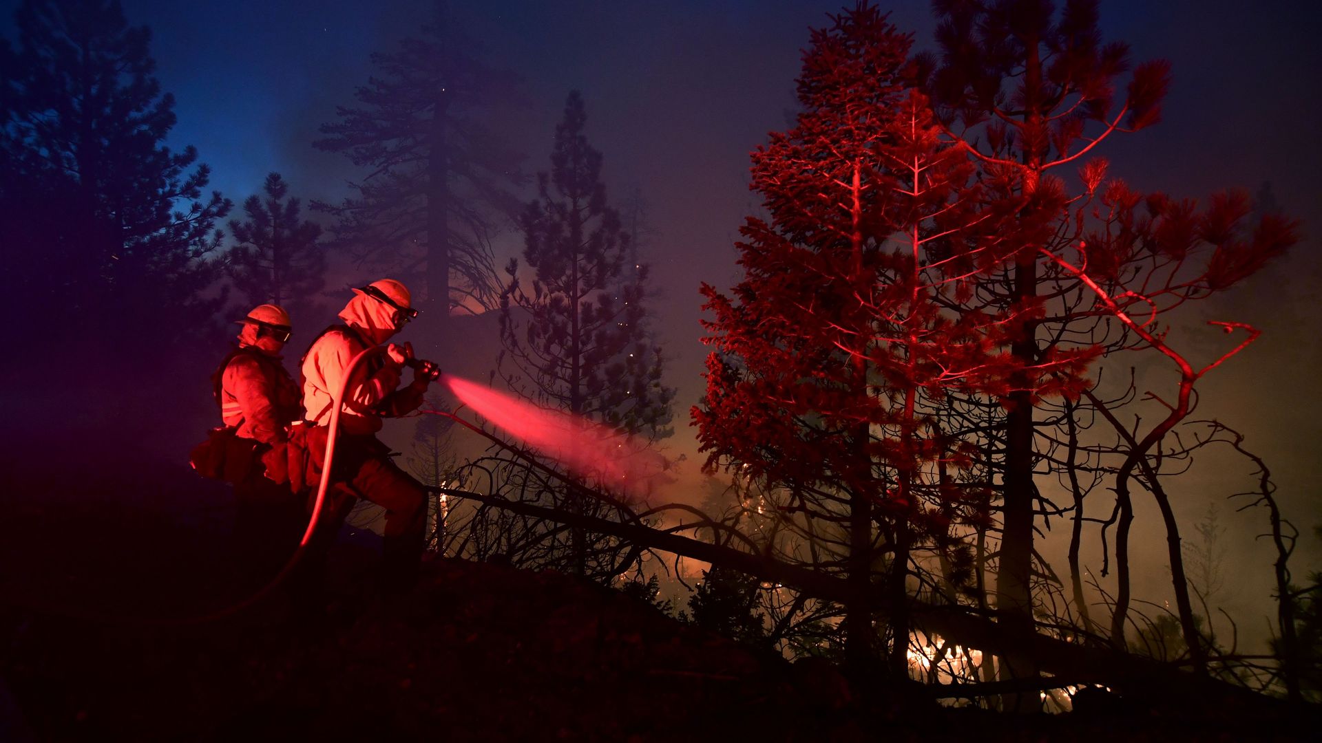 Lights from a firetruck illuminate firefighters working the Bobcat Fire burning near Cedar Springs in the Angeles National Forest on September 21, 2020 in Los Angeles, California.