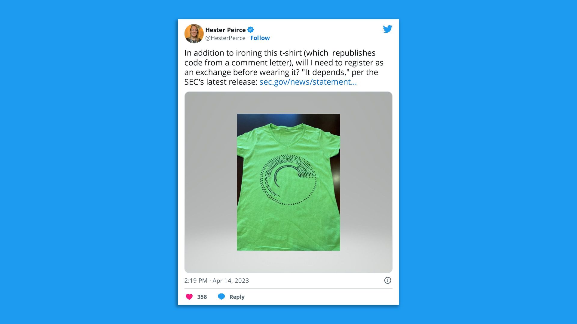SEC Commissioner Peirce tweets a picture of a green t-shirt with code on it