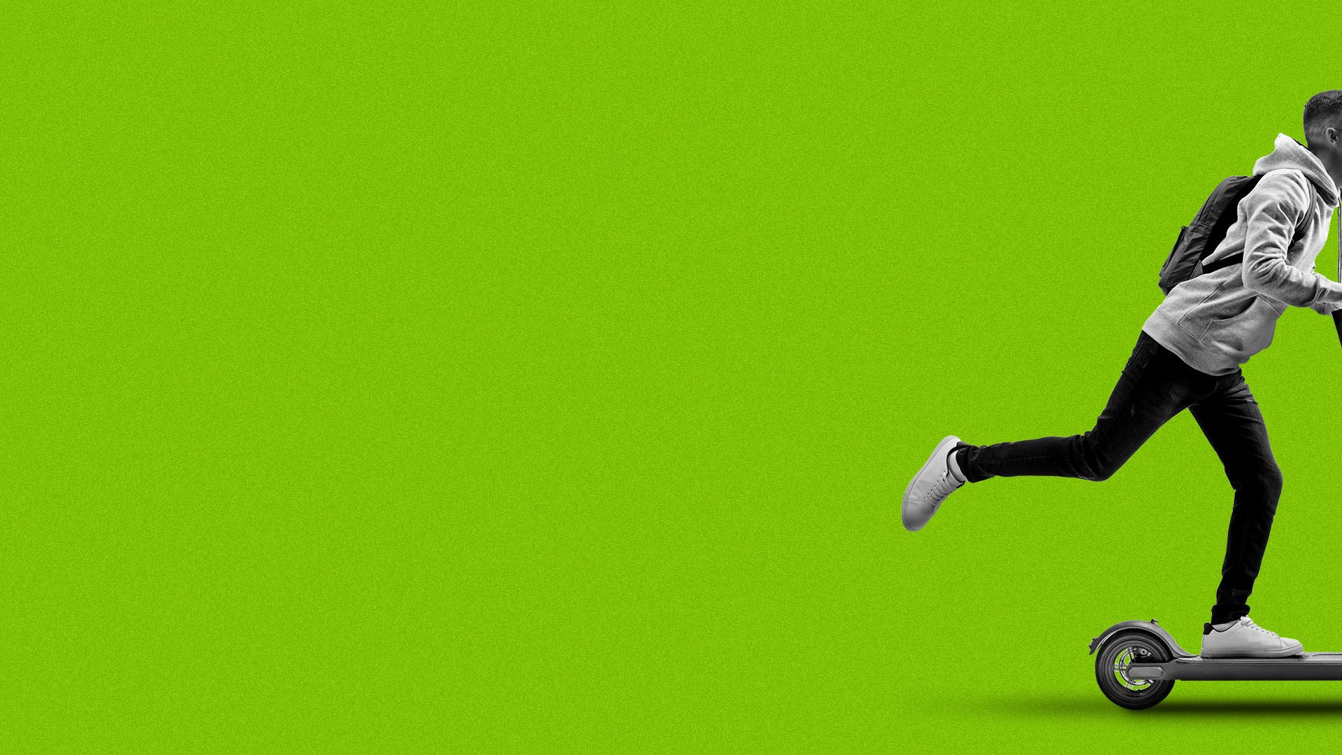 Illustration of a man on a scooter moving out of frame