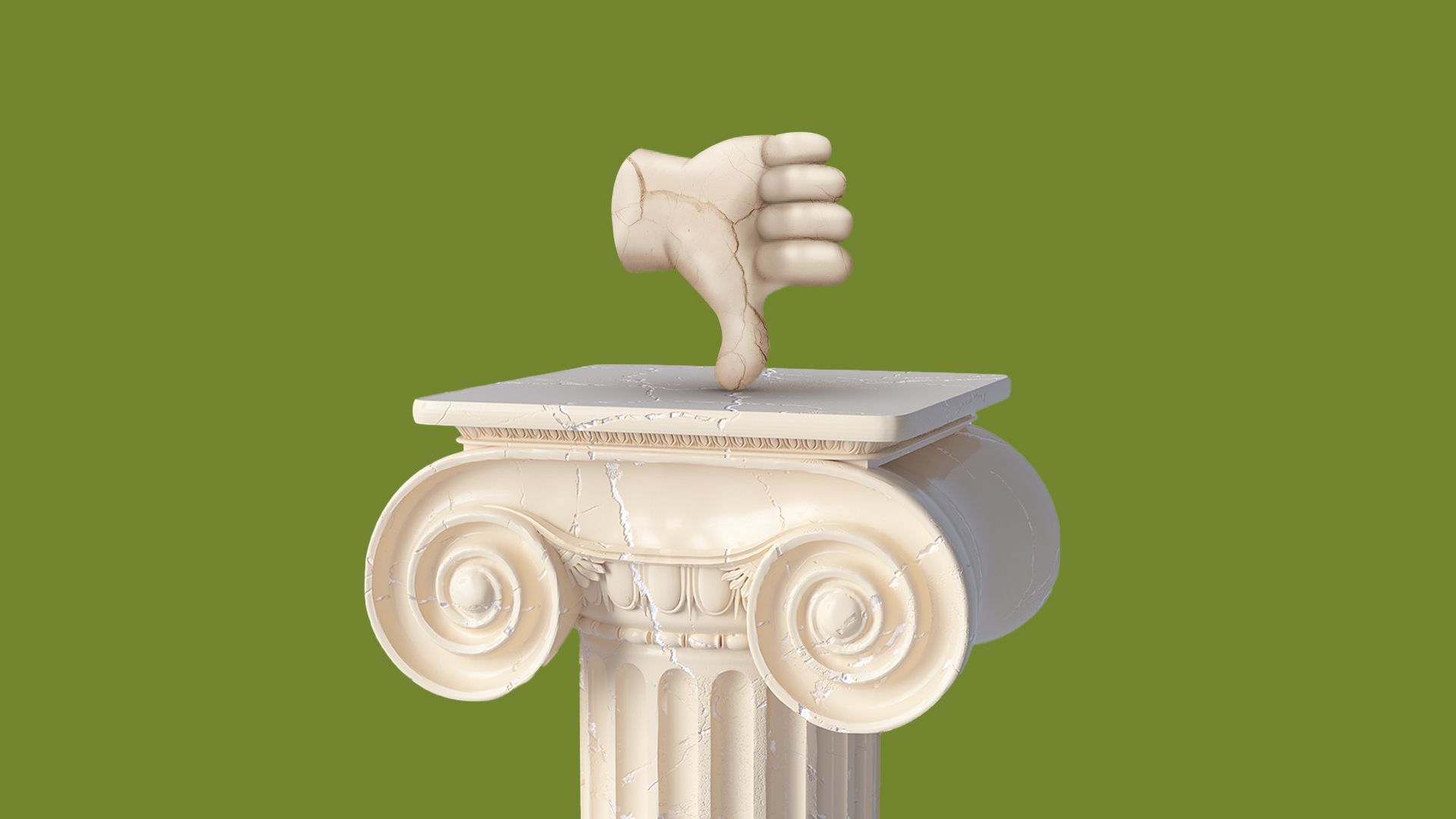 Illustration of a marble thumbs down on top of a column pedestal 