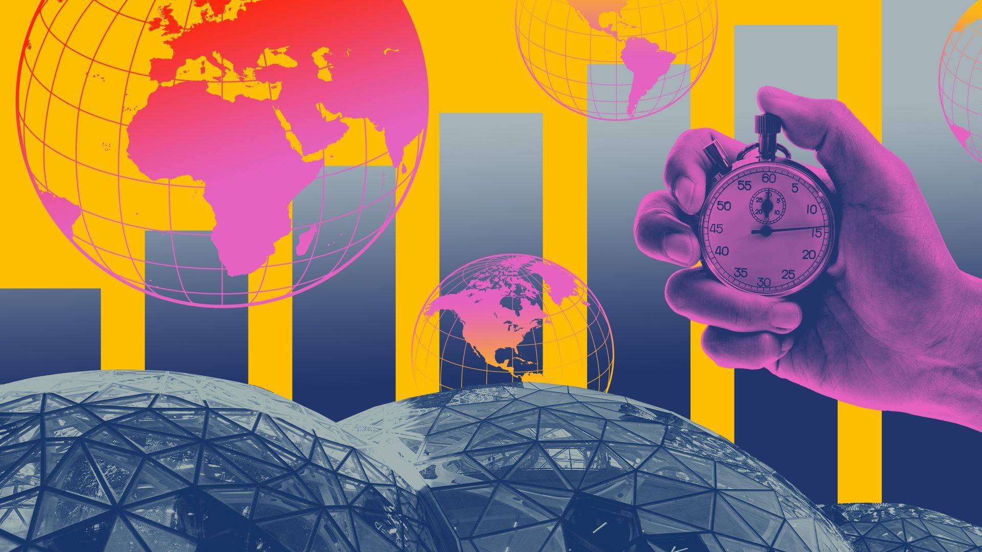 Photo illustration of The Spheres from Amazon's Seattle headquarters, a hand holding a stop watch, an increasing bar chart and earth diagrams.