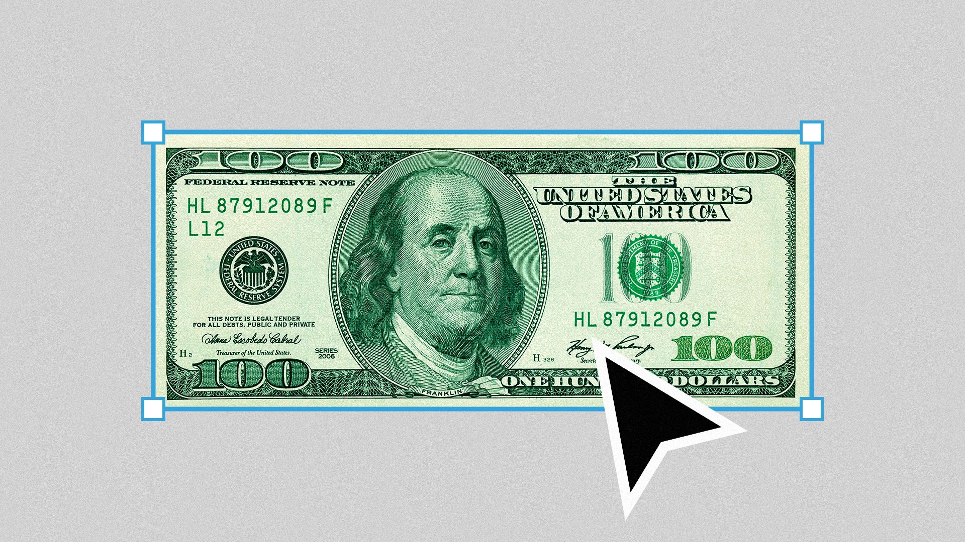 Illustration of a $100 US bill with a software UI frame and a large black computer cursor pointing at the bill.