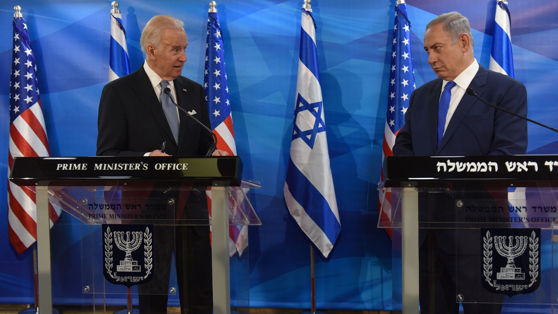 Biden and Netanyahu at a press conference in Jerusalem in March 2016. Photo: Debbie Hill/AFP via Getty Images