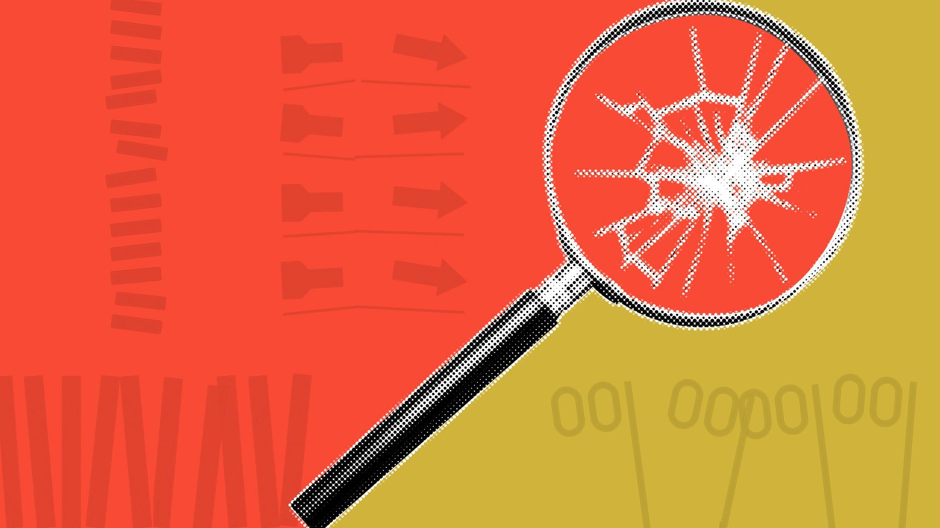 Illustration of a cracked magnifying glass over a divided red and gold background with broken ballot elements. 