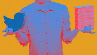 Illustration of a shouldered man holding a stack of money and the Twitter logo