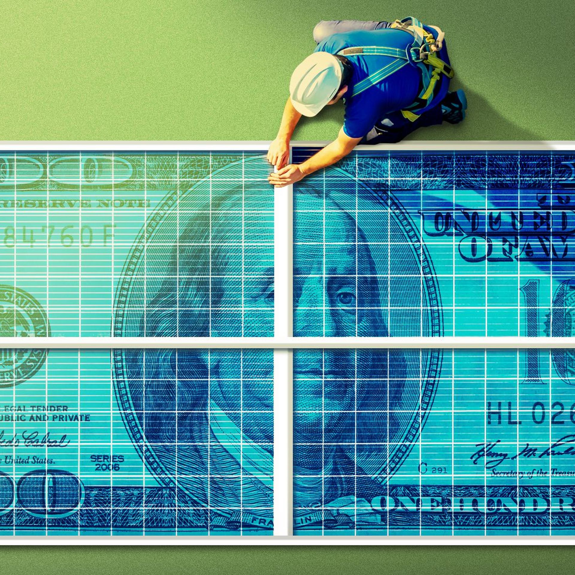 Illustration of a man working on a solar panel with a money overlay
