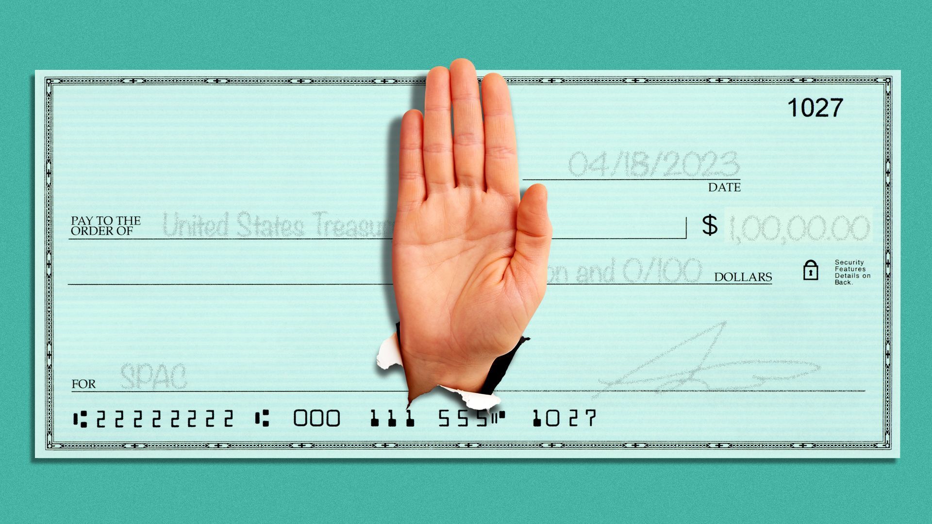 Illustration of a check made out to the United States Treasury with a hand ripping through