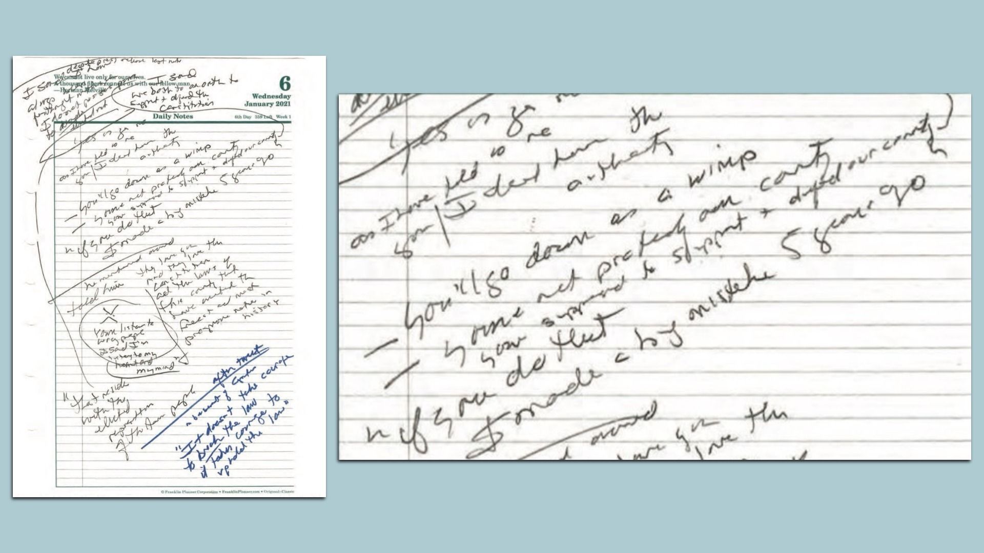 A handwritten journal page dated Wednesday, January 6, 2021, written by then-Vice President Mike Pence.