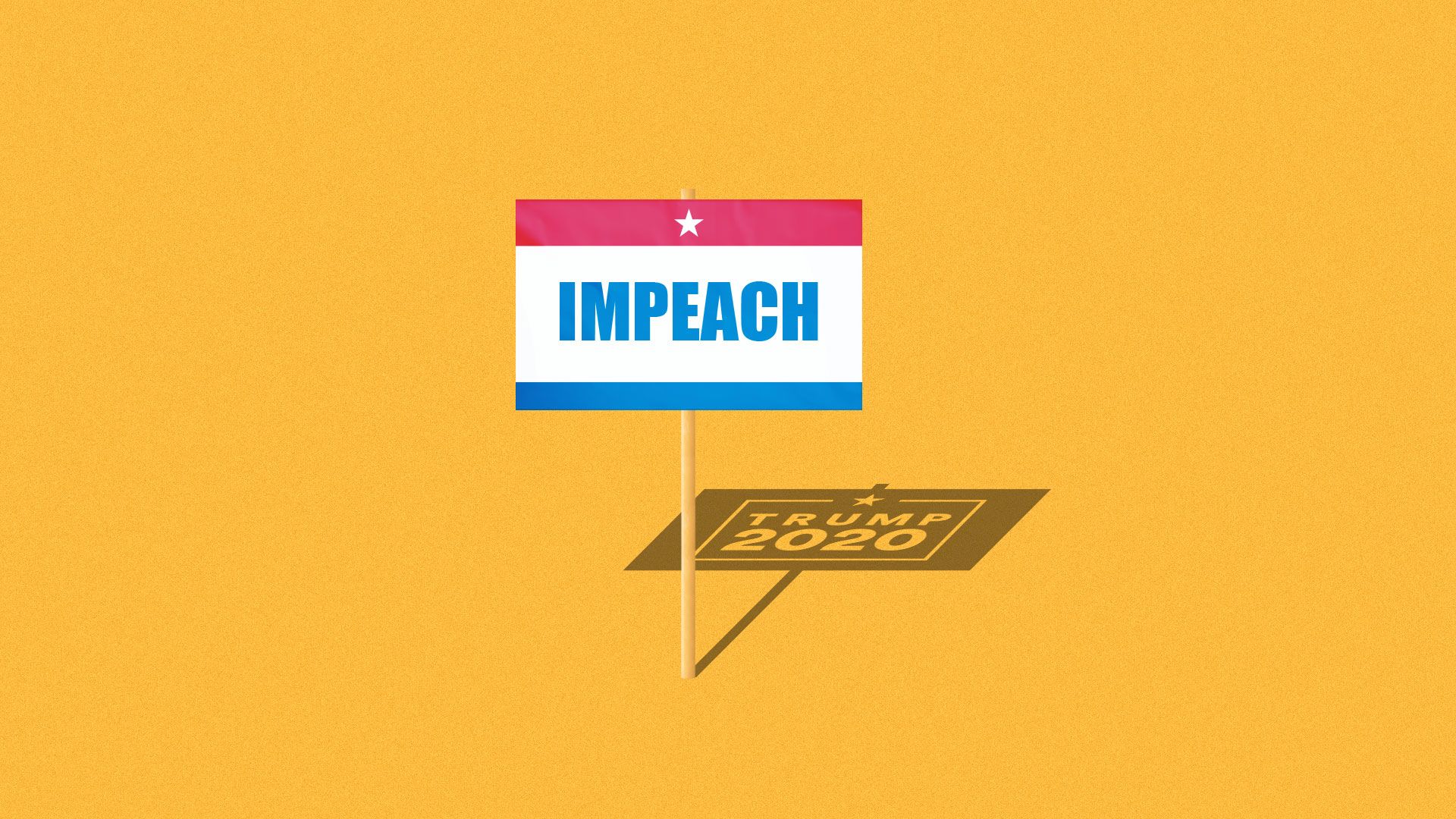 Illustration of a campaign sign saying Impeach with a Trump 2020 campaign sign in its shadow