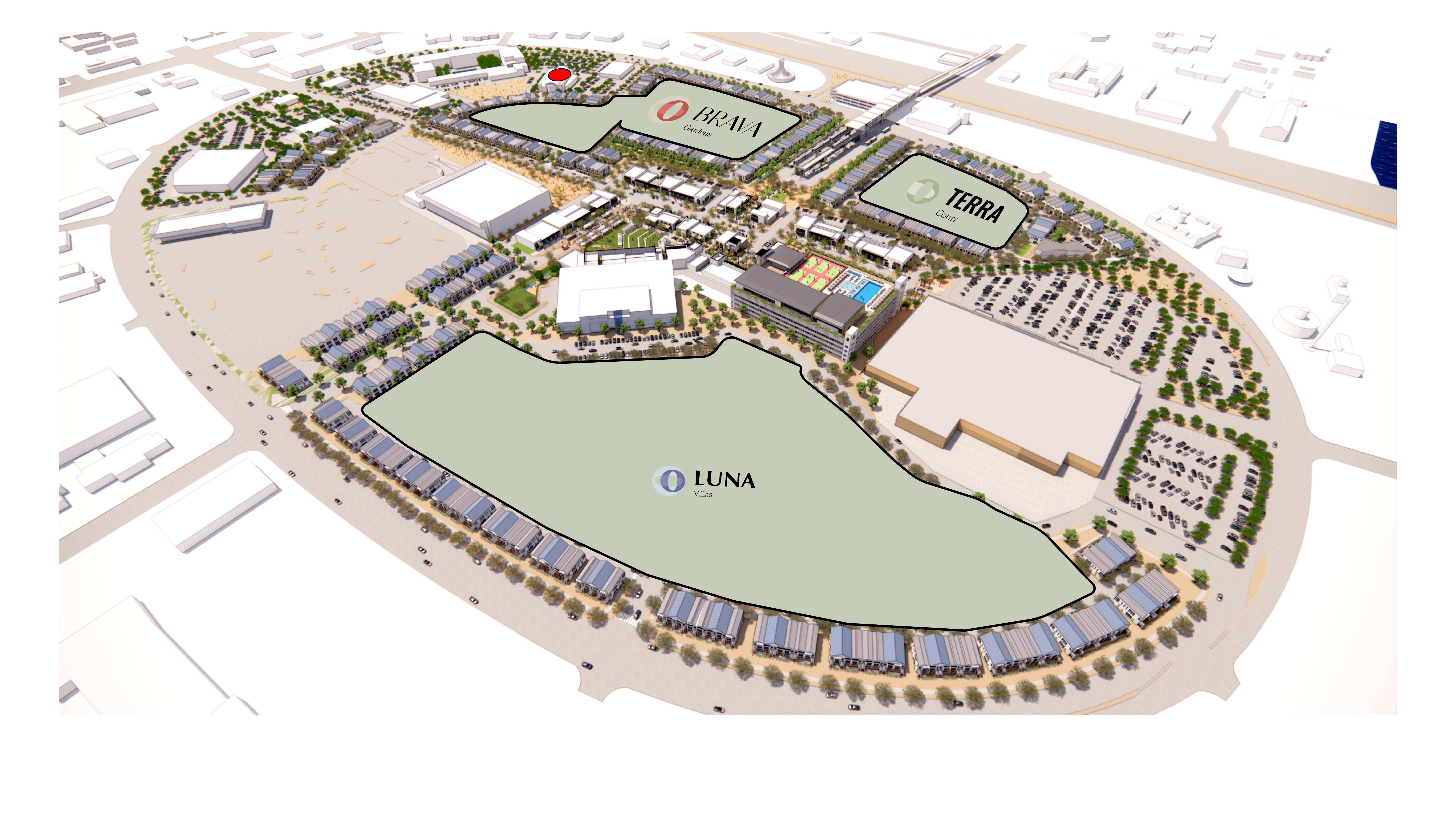 An overhead view of an artist's rendering of a residential and retail complex within an oval ring road.