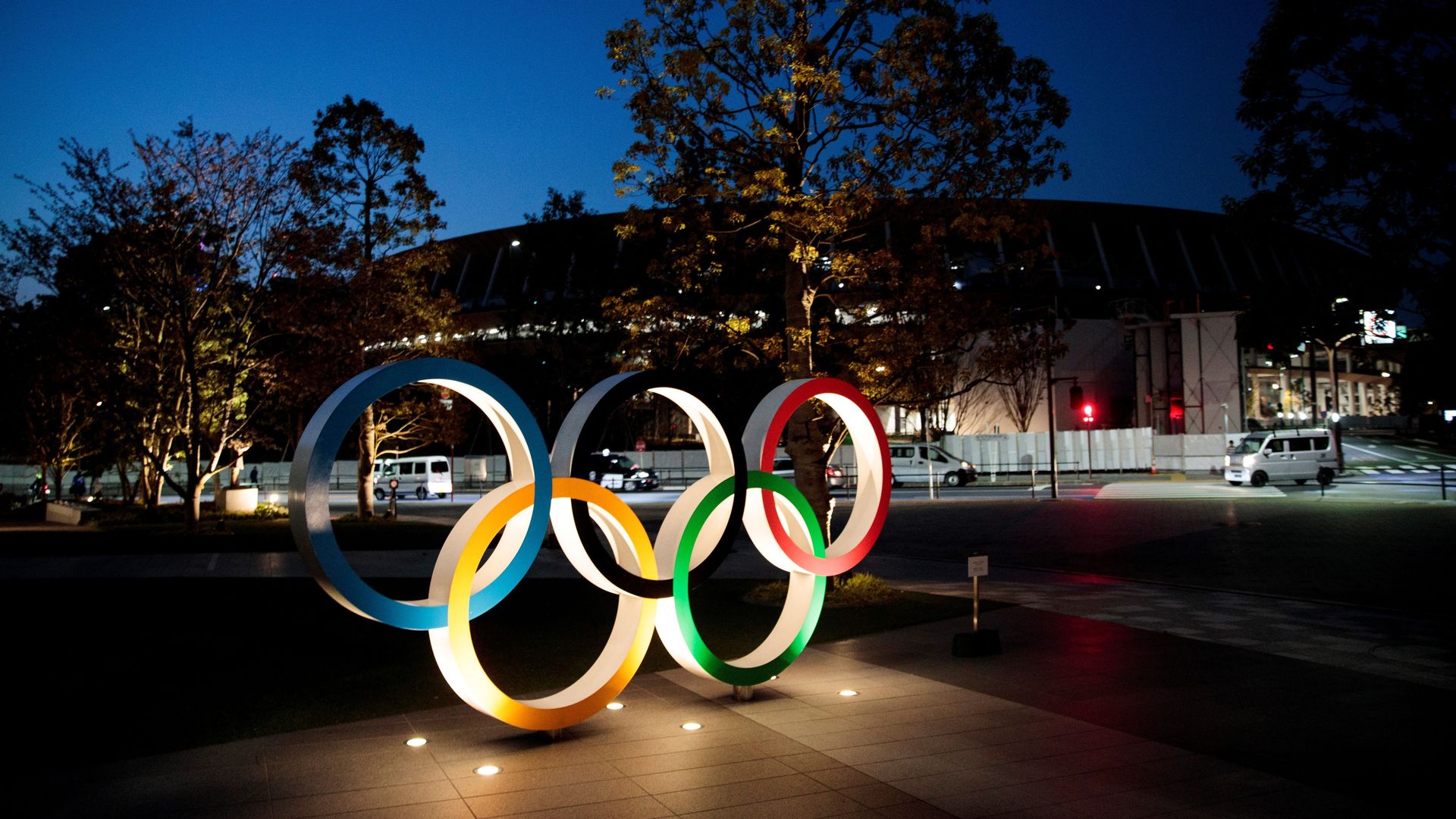 Olympic rings displayed outside the National Stadium