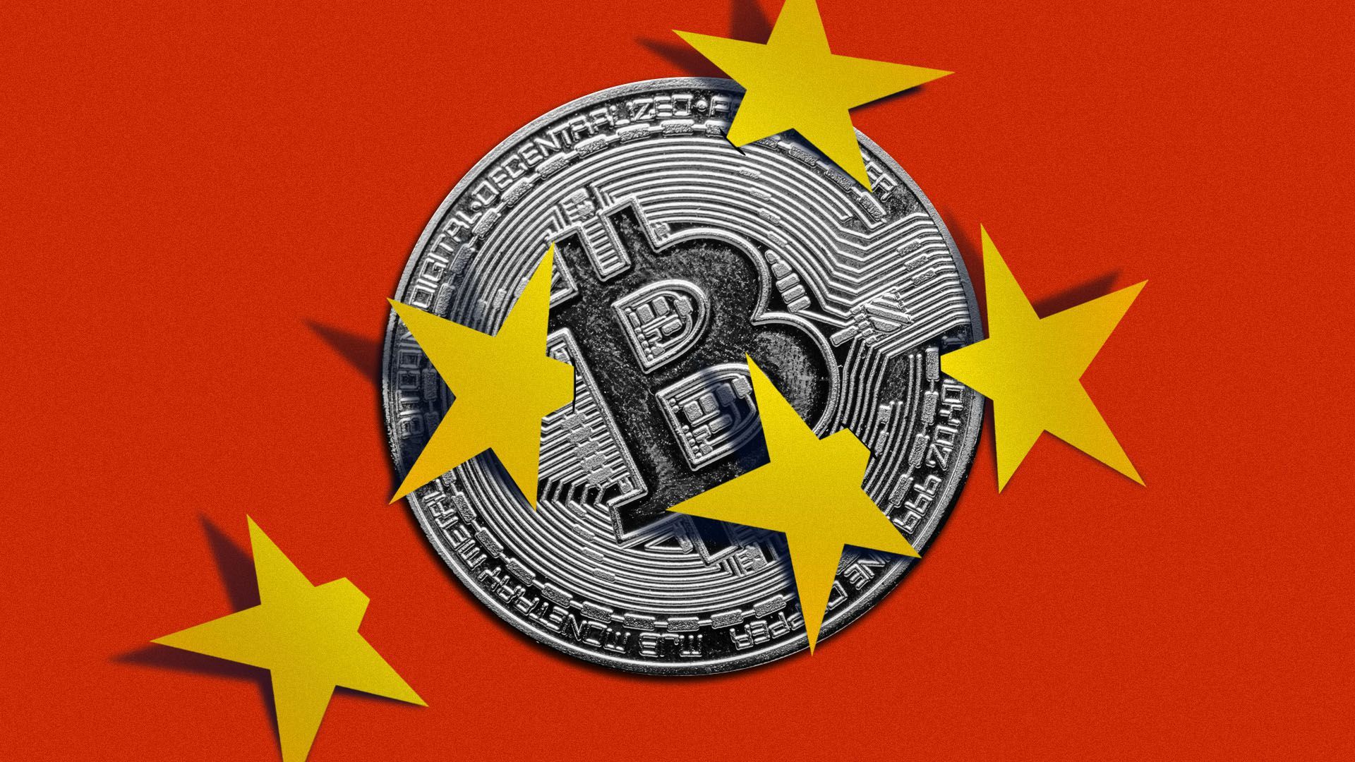 Illustration of a bitcoin coin being pierced by multiple stars