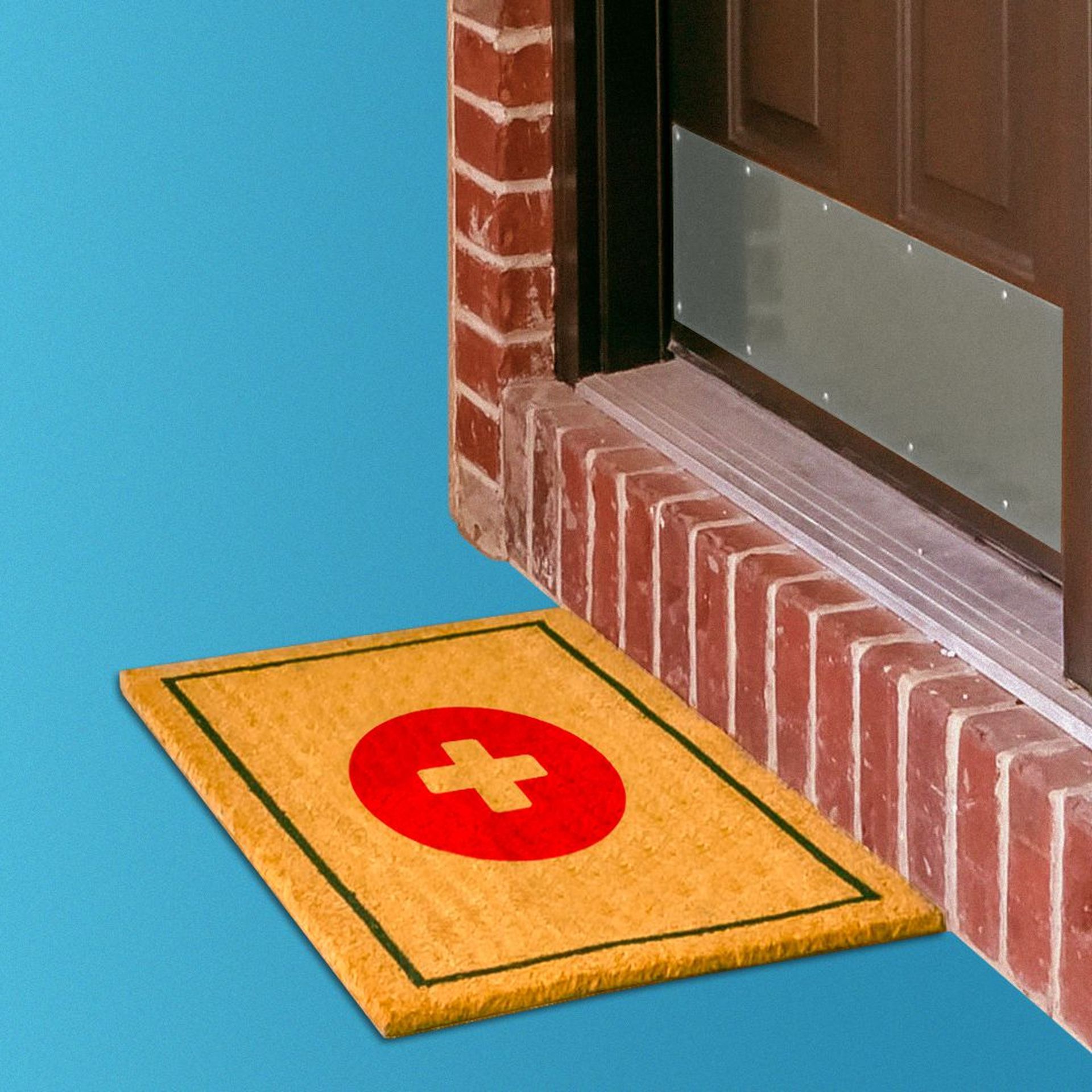 Illustration of a doormat with a red cross outside a front door.
