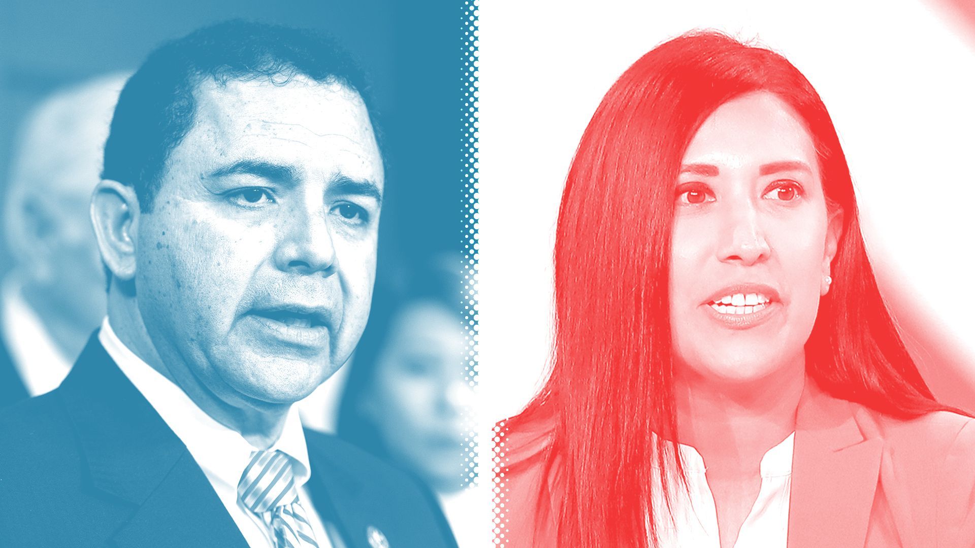 Photo illustration of Henry Cuellar tinted blue, and Cassy Garcia, tinted red, divided by a halftone line