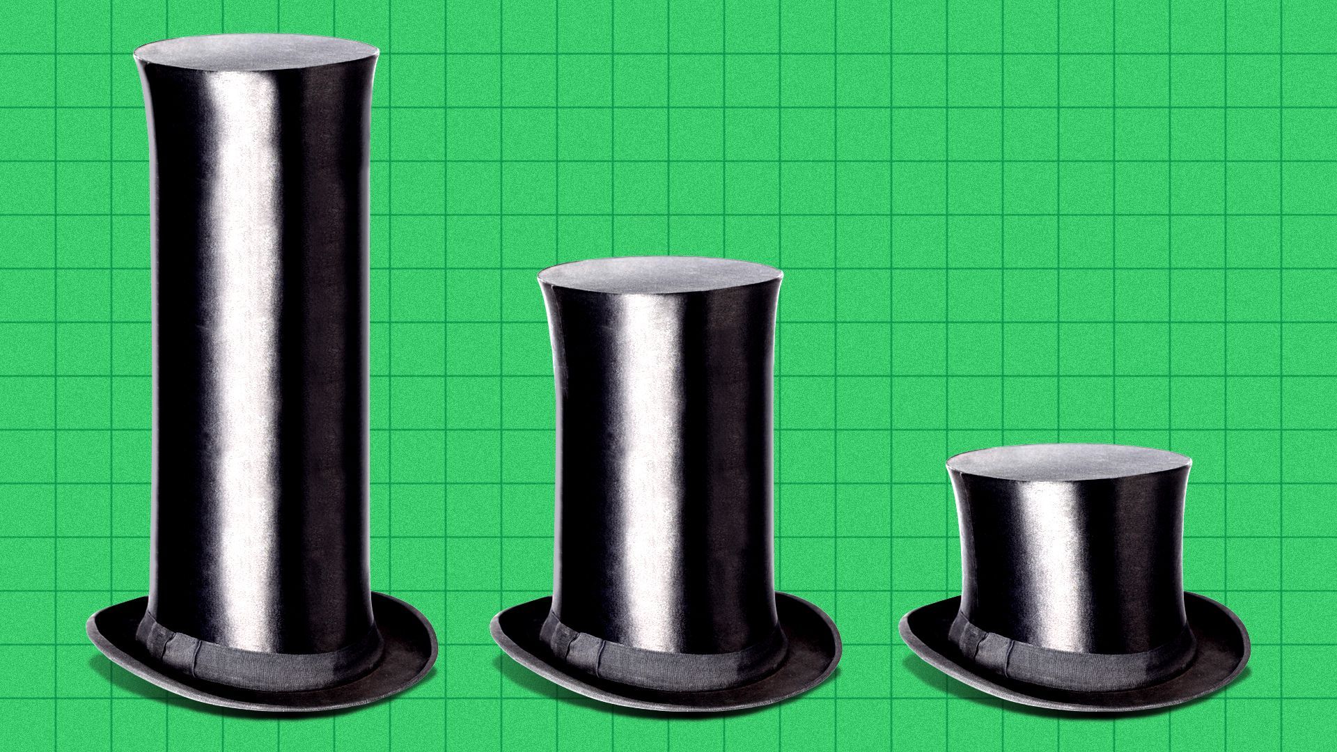 Illustration of a bar chart made of top hats of declining sizes.