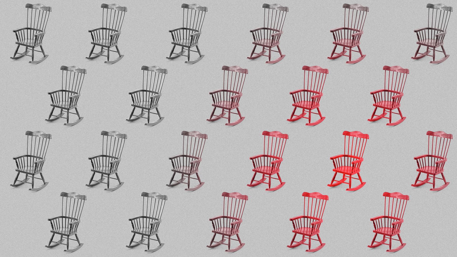 Illustration of a pattern of rocking chairs, with one emanating a bright color. 