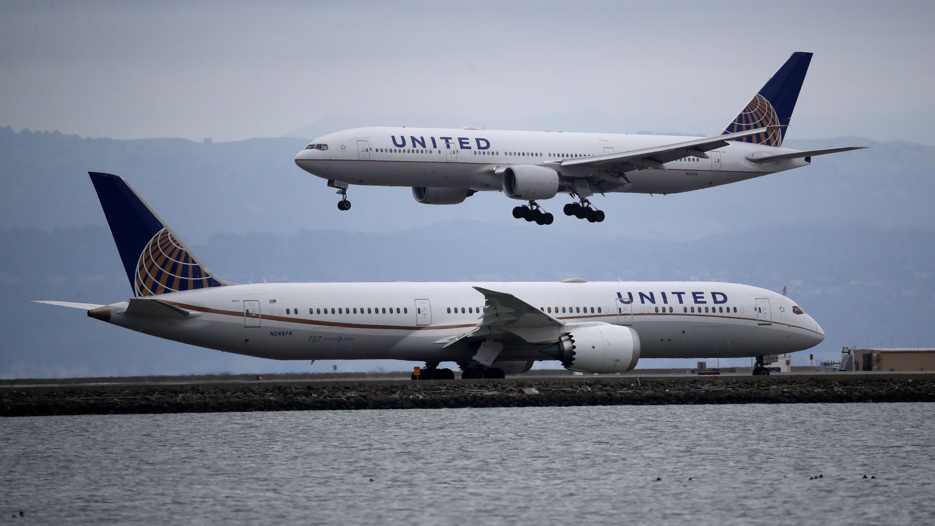A United Airlines plane lands at San Francisco International Airport on March 06, 2020 in Burlingame, California. 