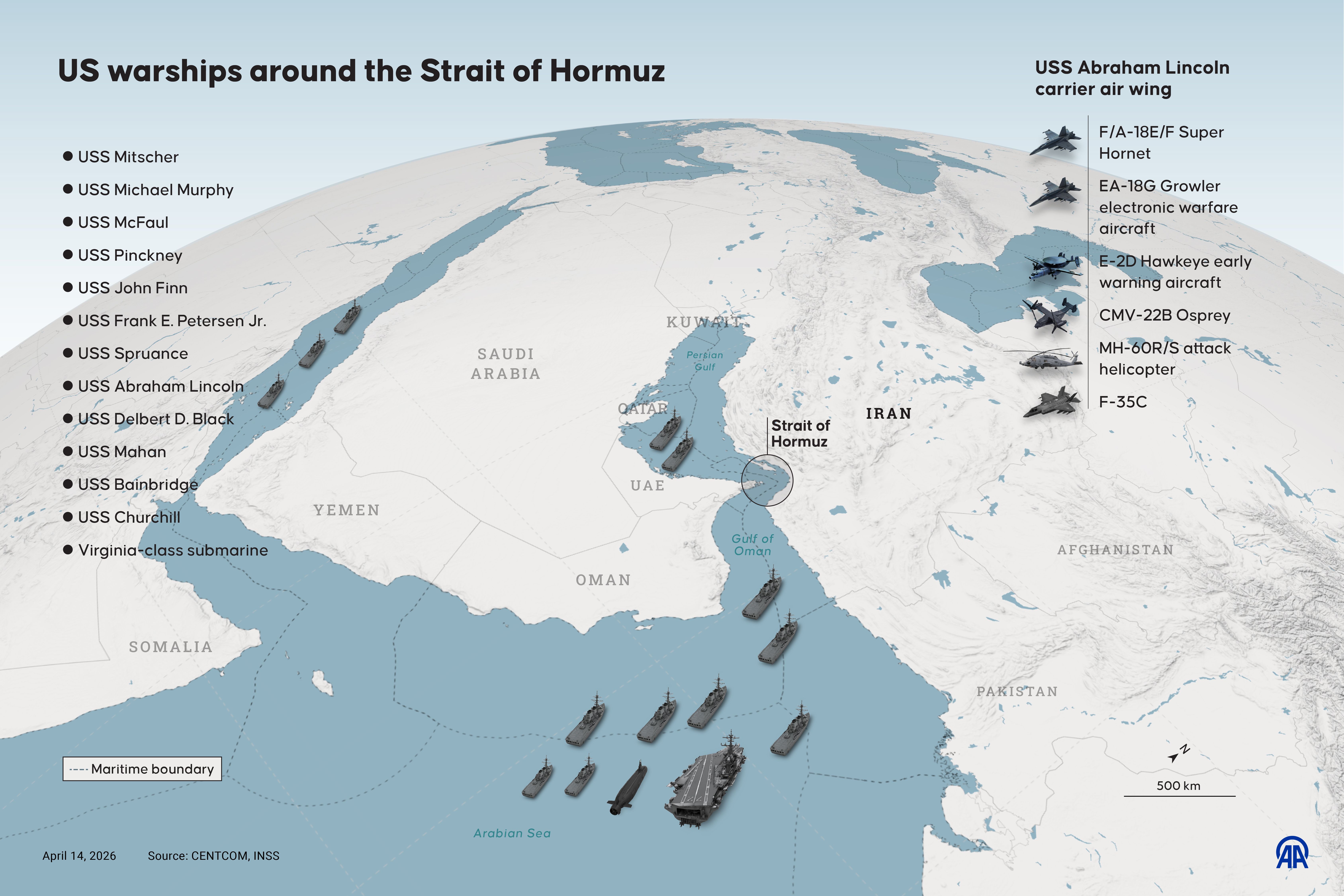 An infographic showing U.S. warships near the Strait of Hormuz as of yesterday. Graphic: Yasin Demirci/Anadolu via Getty Images