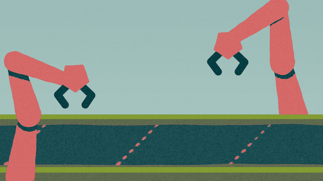Animated illustration of two robot arms adding swear symbols to a conveyor belt, which then moves off the frame.