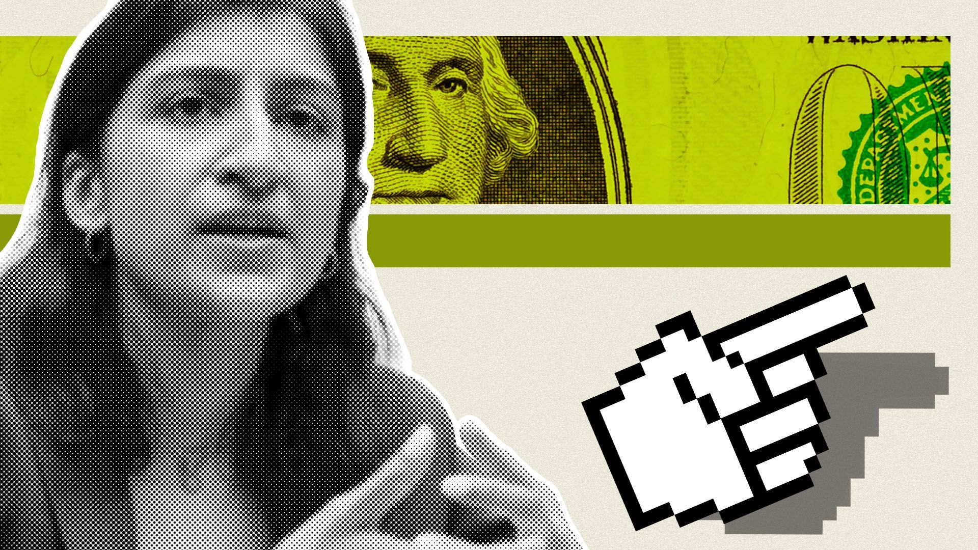 Photo illustration of FTC Chairwoman Lina Khan in front of a dollar bill and a cursor
