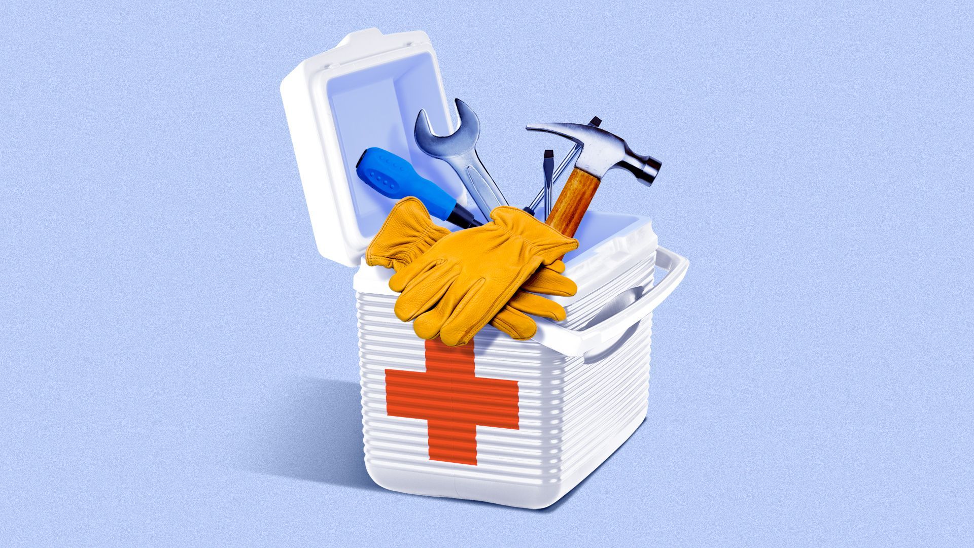 Illustration of an organ transplant cooler as a toolbox filled with tools