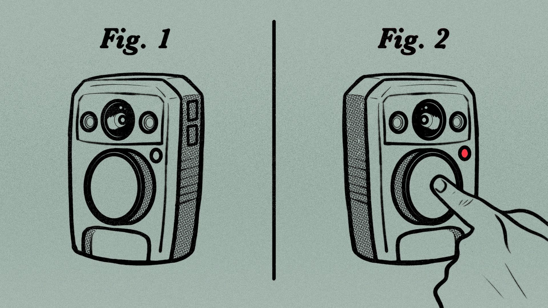 Illustration of directions for a body camera, with a finger pressing the record button in Figure 2. 