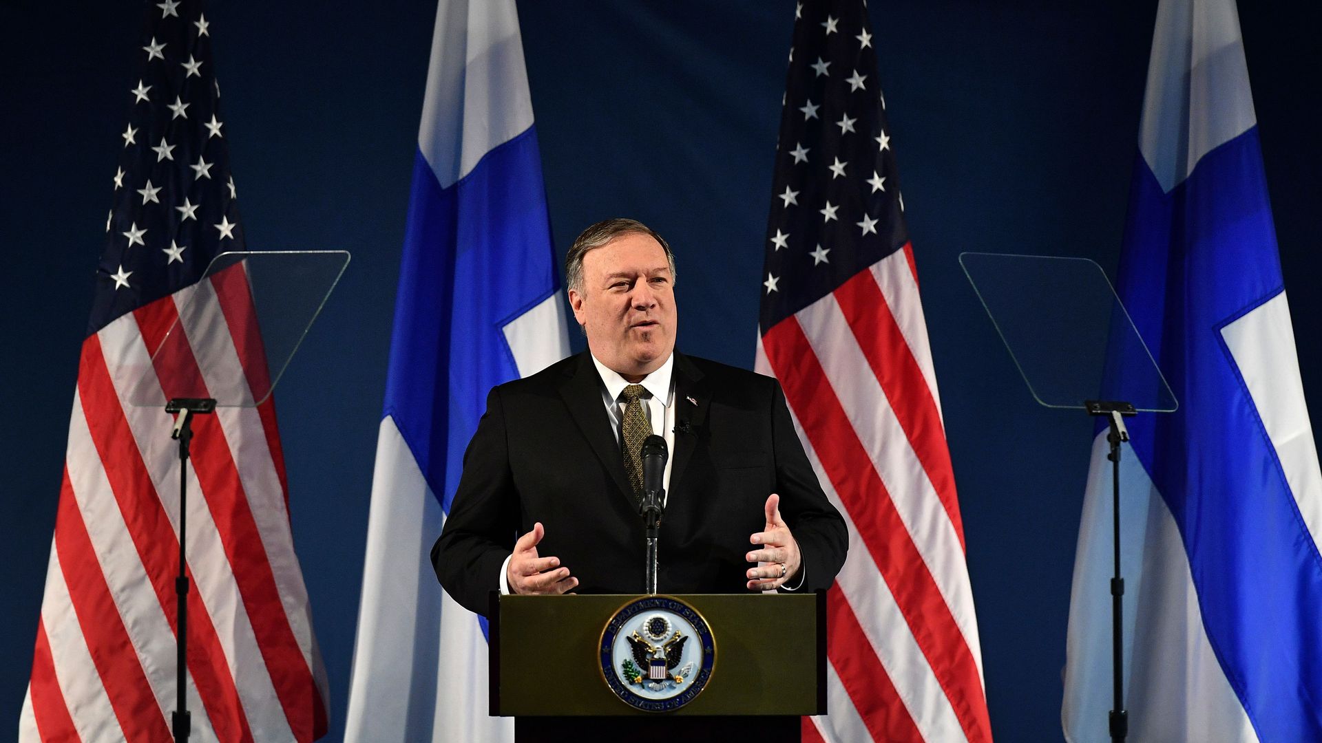 Secretary of State Mike Pompeo speaks on Arctic policy at the Lappi Areena in Rovaniemi, Finland on Monday. 