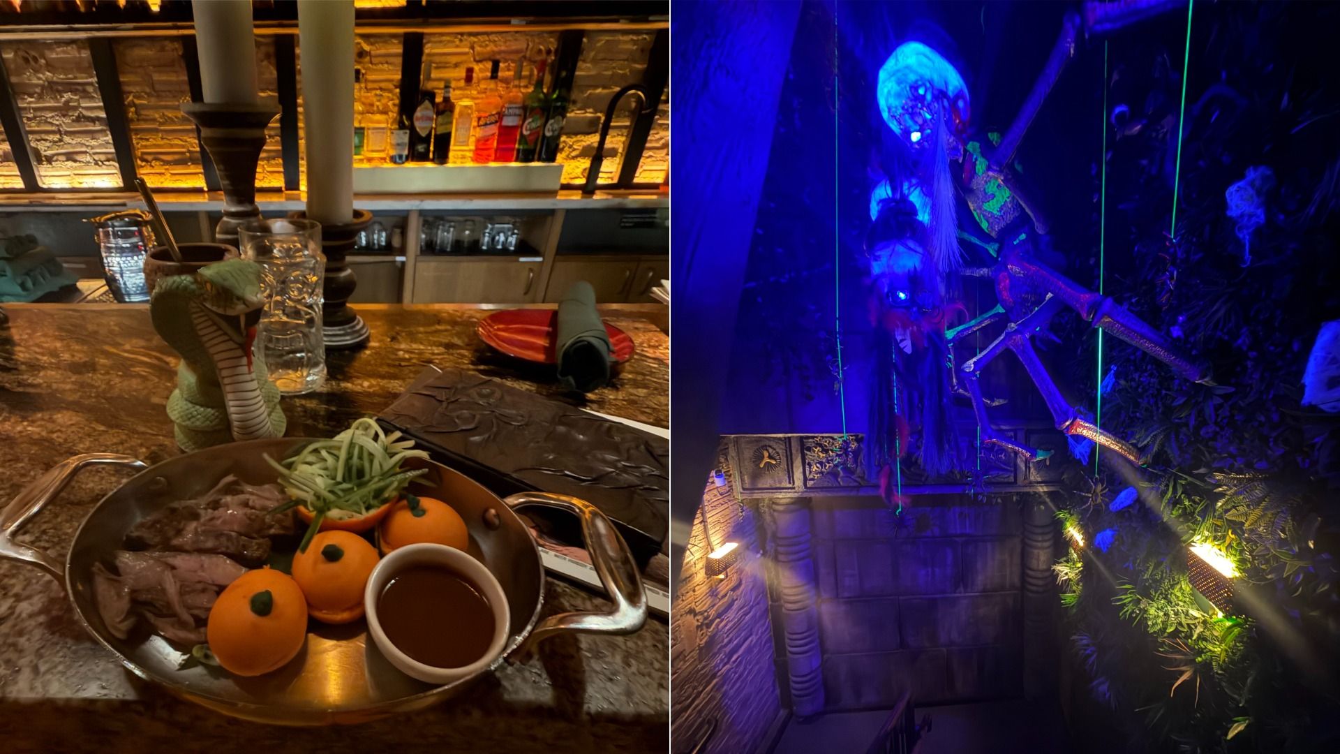 From left, a photo of a duck confit at the second-floor bar at Wusong Road in Cambridge, and a photo of Halloween decorations, including a massive spider, along the staircase. Photo: Steph Solis/Axios