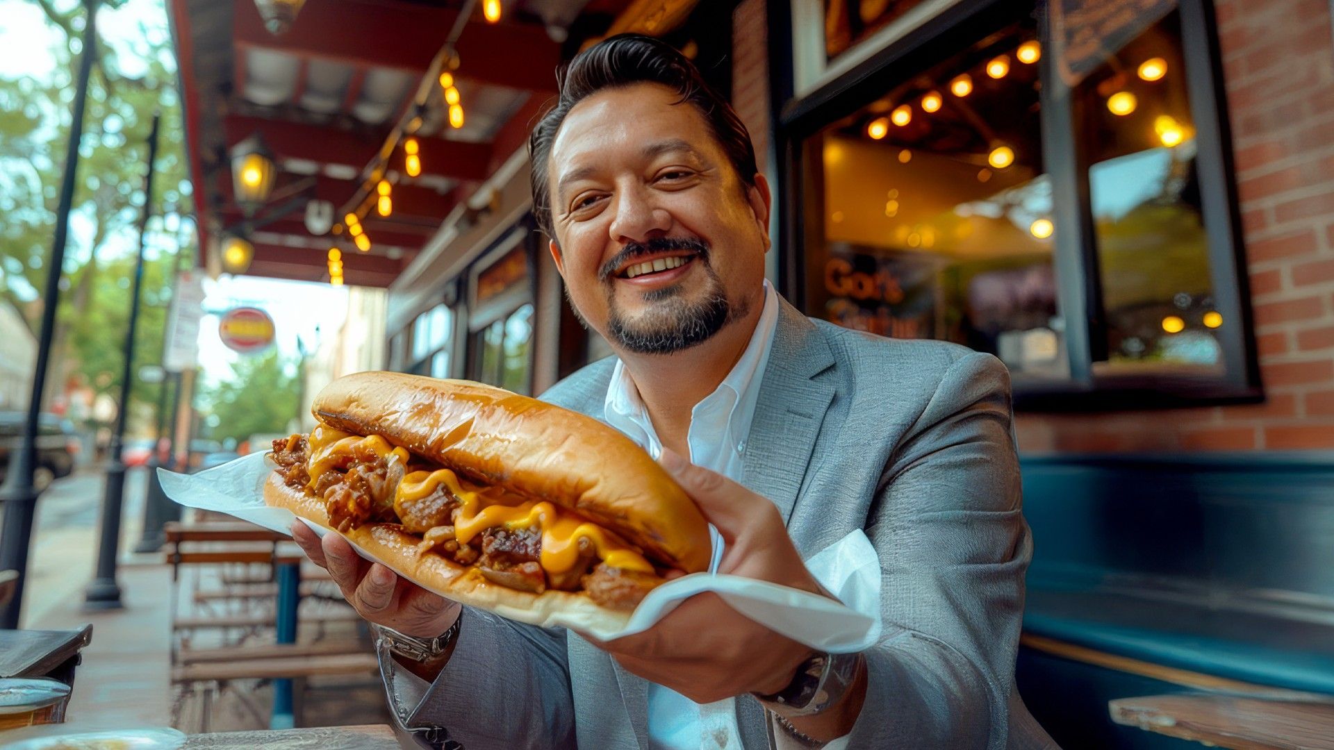 A man is smiling and holding a Philly cheesesteak. 