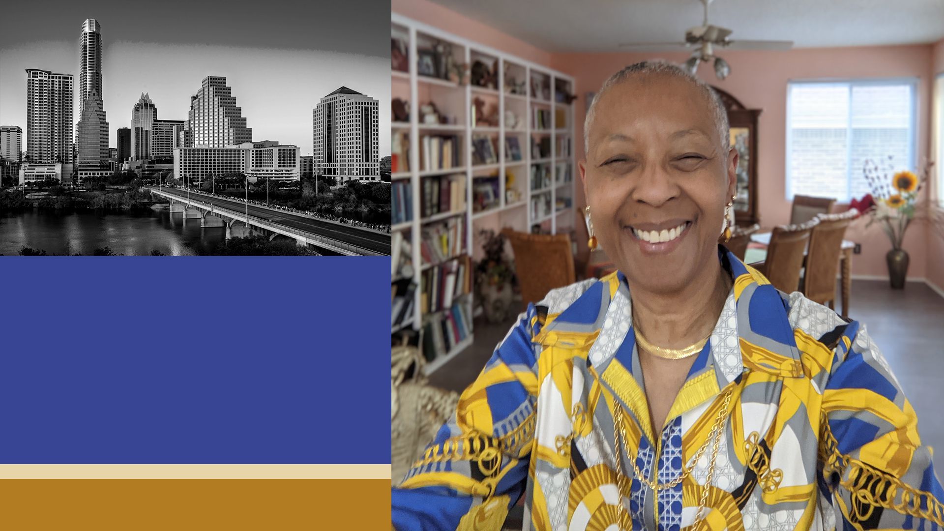 Photo illustration of Avis Day and the Austin skyline. 