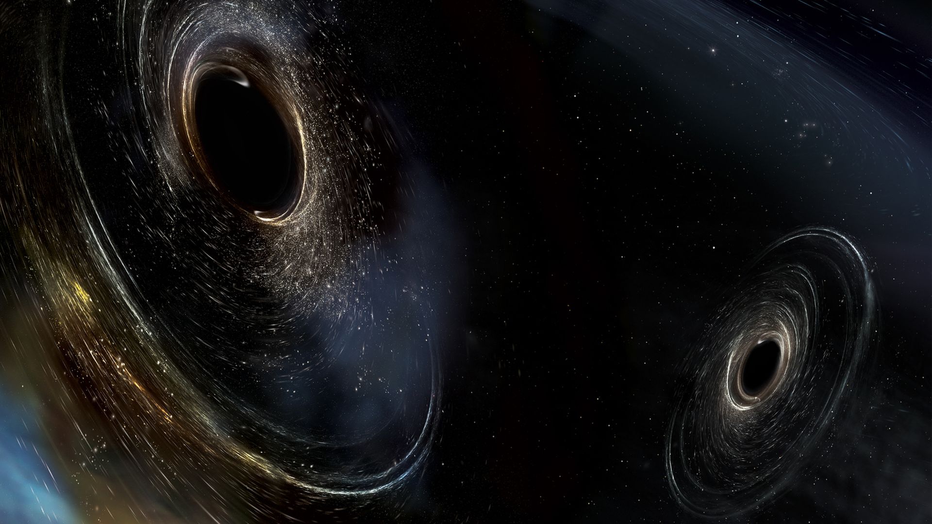 Artist's illustration of two black holes before merging.