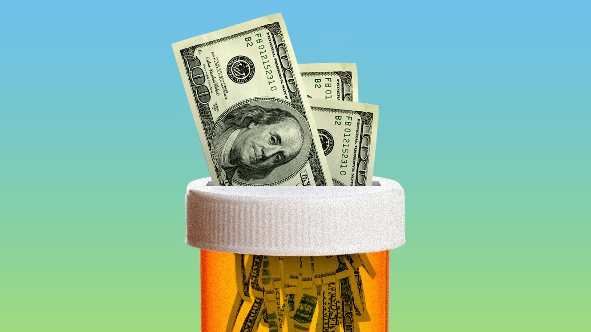 an illustration of money being shredded inside of an orange prescription bottle