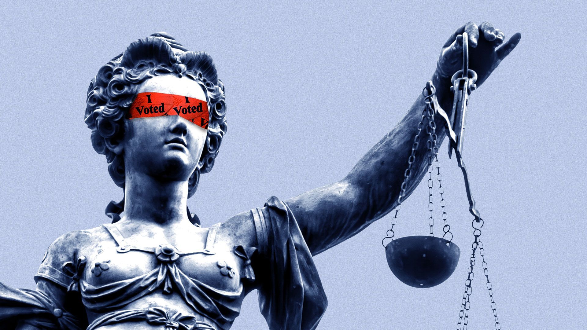 Illustration of lady justice with an “I voted” stickers blindfold over her eyes